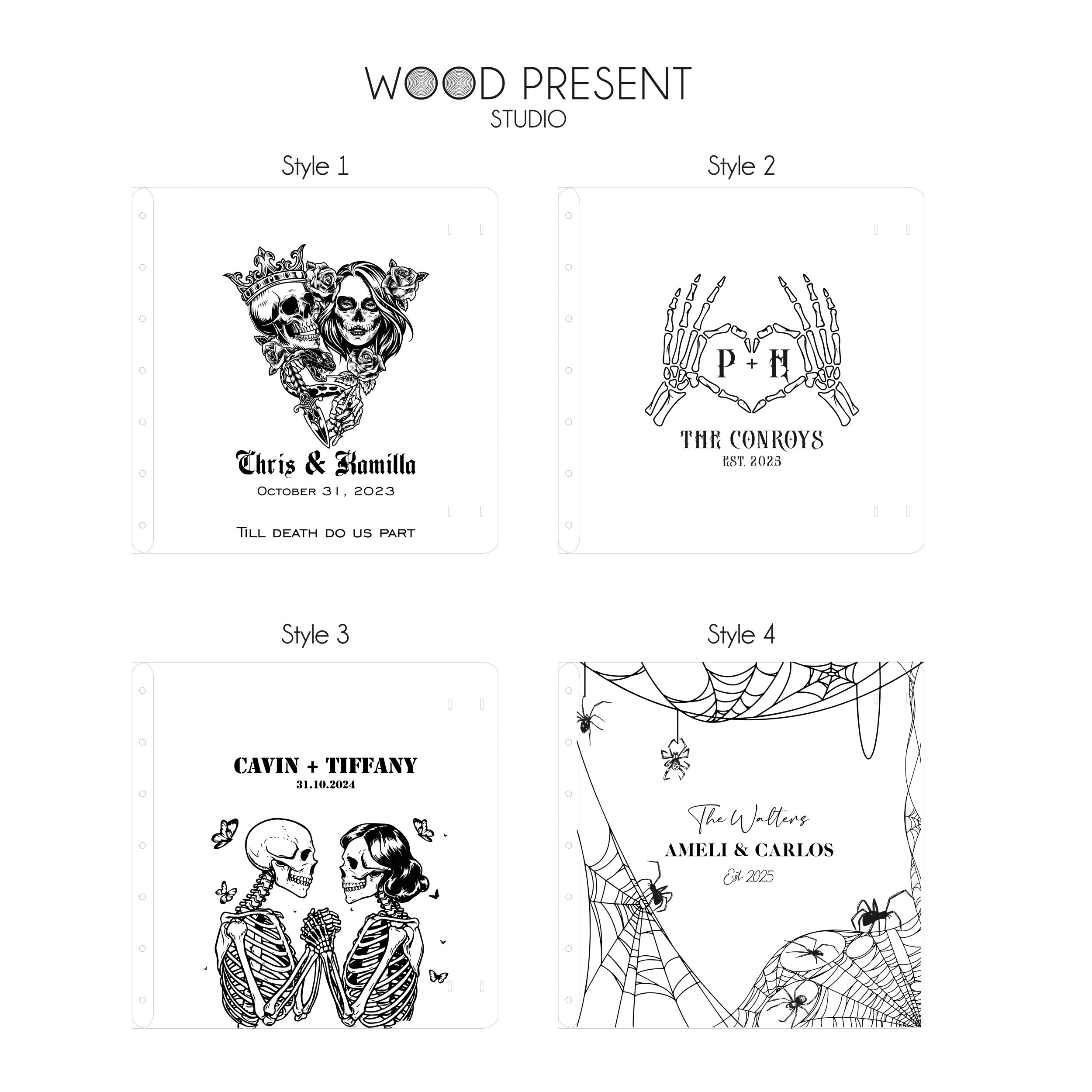 four different styles of wood presentations, each with its own unique design and theme. The styles include a skull and crossbones design, a heart-shaped logo, a spider web design, and a couple's portrait. The image does not contain any redundancy or vague descriptions, and it focuses on the individual styles rather than providing a detailed description of each one.