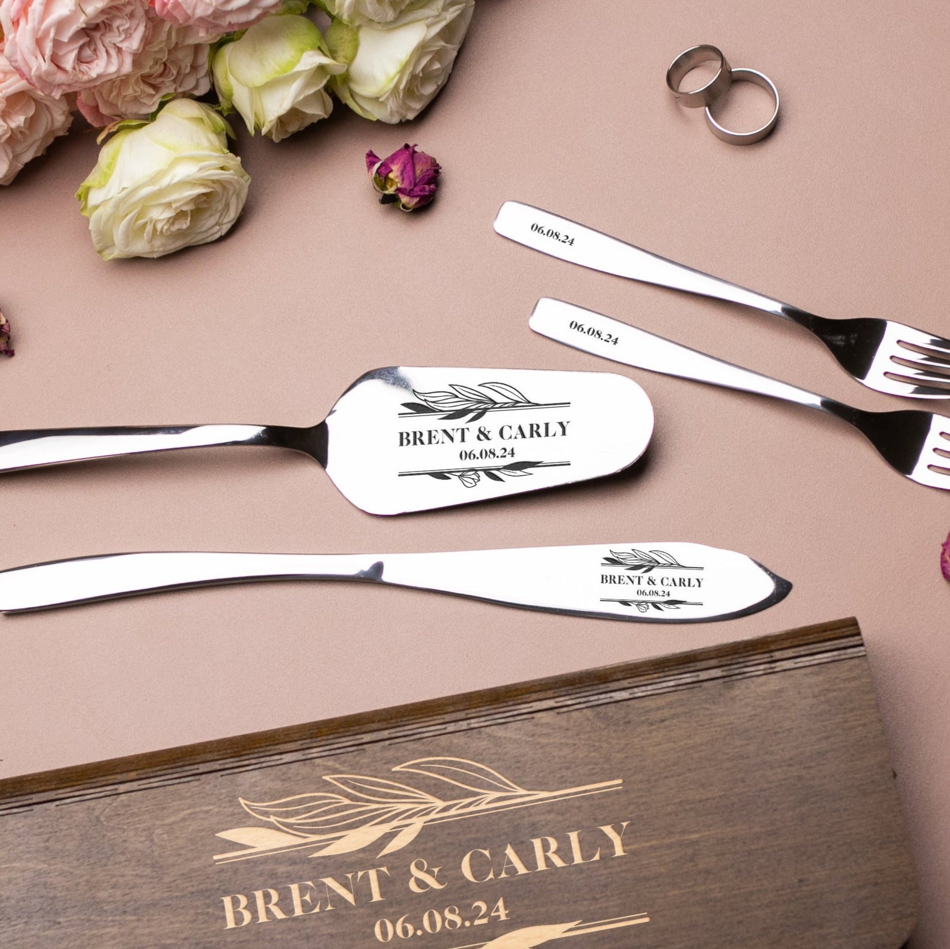 Custom wedding set cake server & knife anf forks - Personalized wedding gift for couple