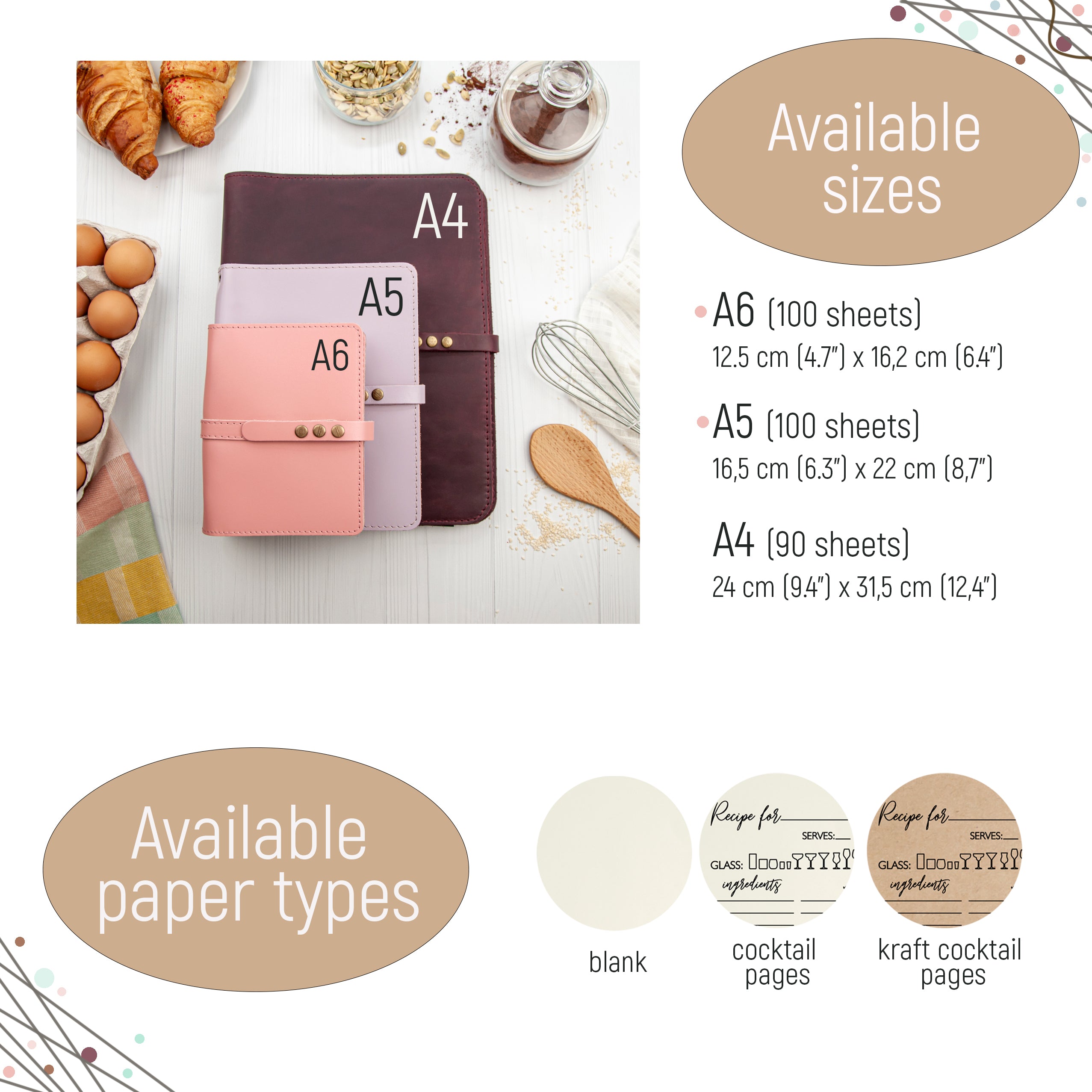 a variety of available paper types, including A6 (100 sheets), A5 (100 sheets), and A4 (50 sheets), along with their respective sizes and dimensions.