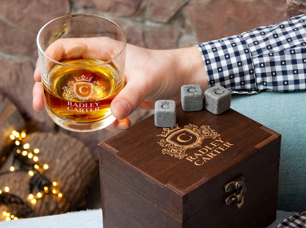 Personalized Whiskey Glass and Stones in Wooden Gift Box - Retirement Gift