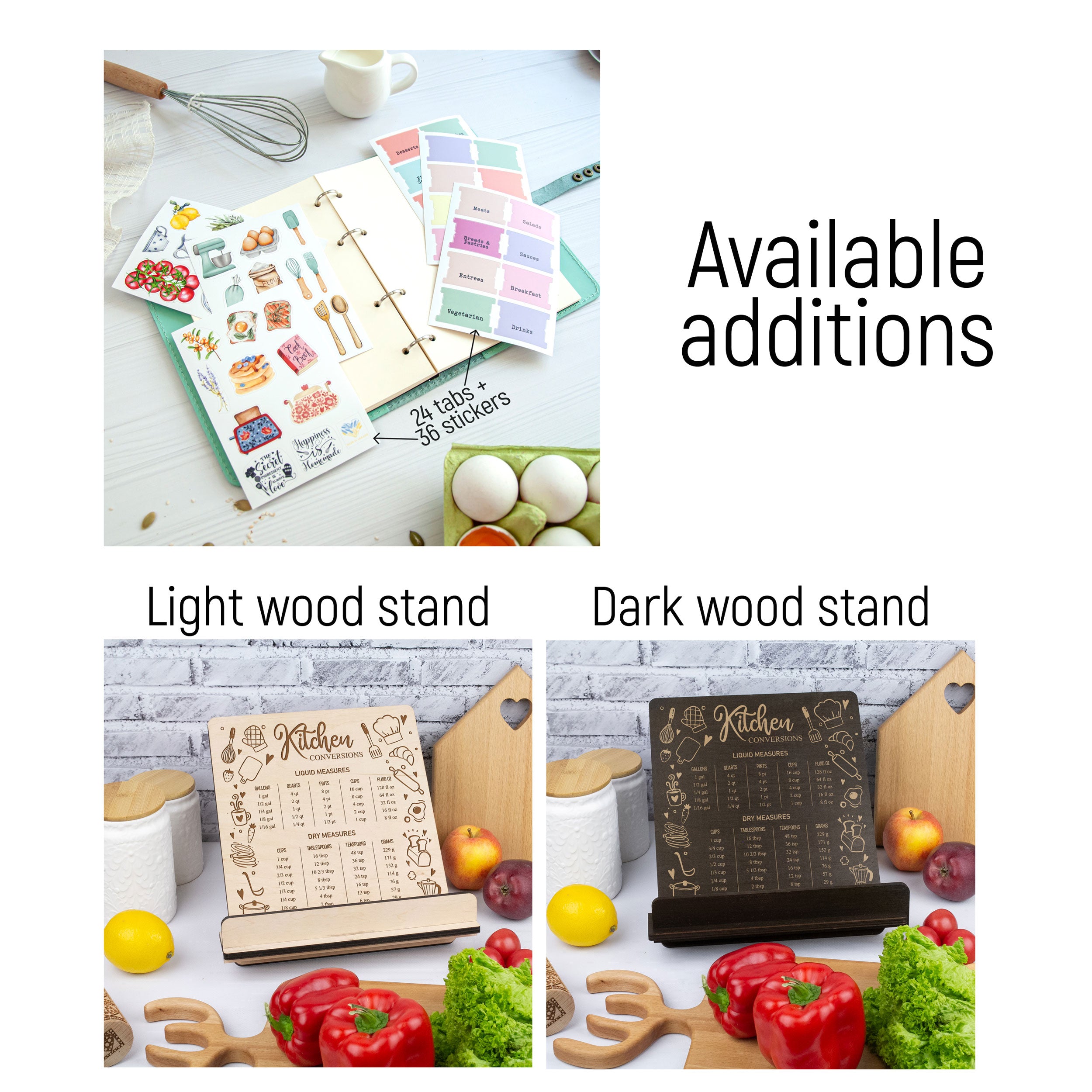 The image is a collage of three photos. The top photo shows a light wood stand with a notebook and a whisk, the middle photo displays a dark wood stand with a wooden stand and a wooden cutting board, and the bottom photo features a light wood stand with a wooden stand and a wooden cutting board.