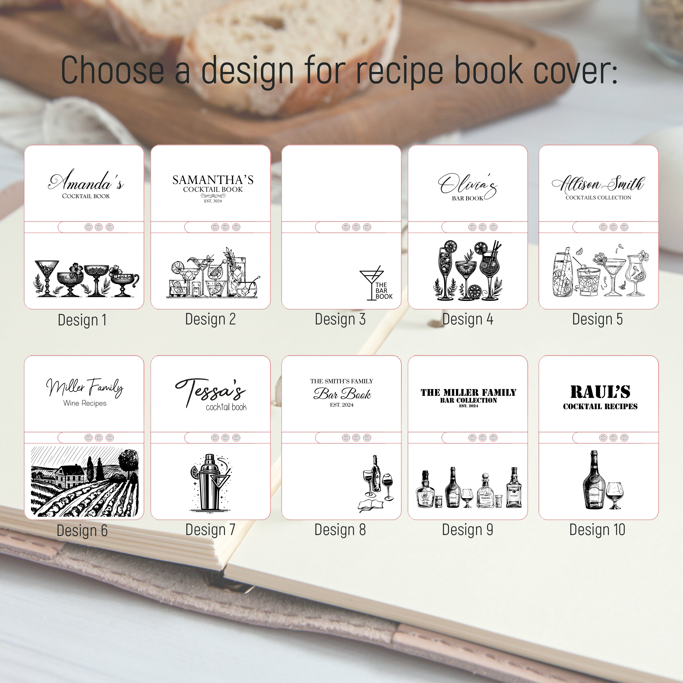 a collection of design ideas for a recipe book cover, featuring various illustrations and text related to wine, cocktails, and other culinary elements.