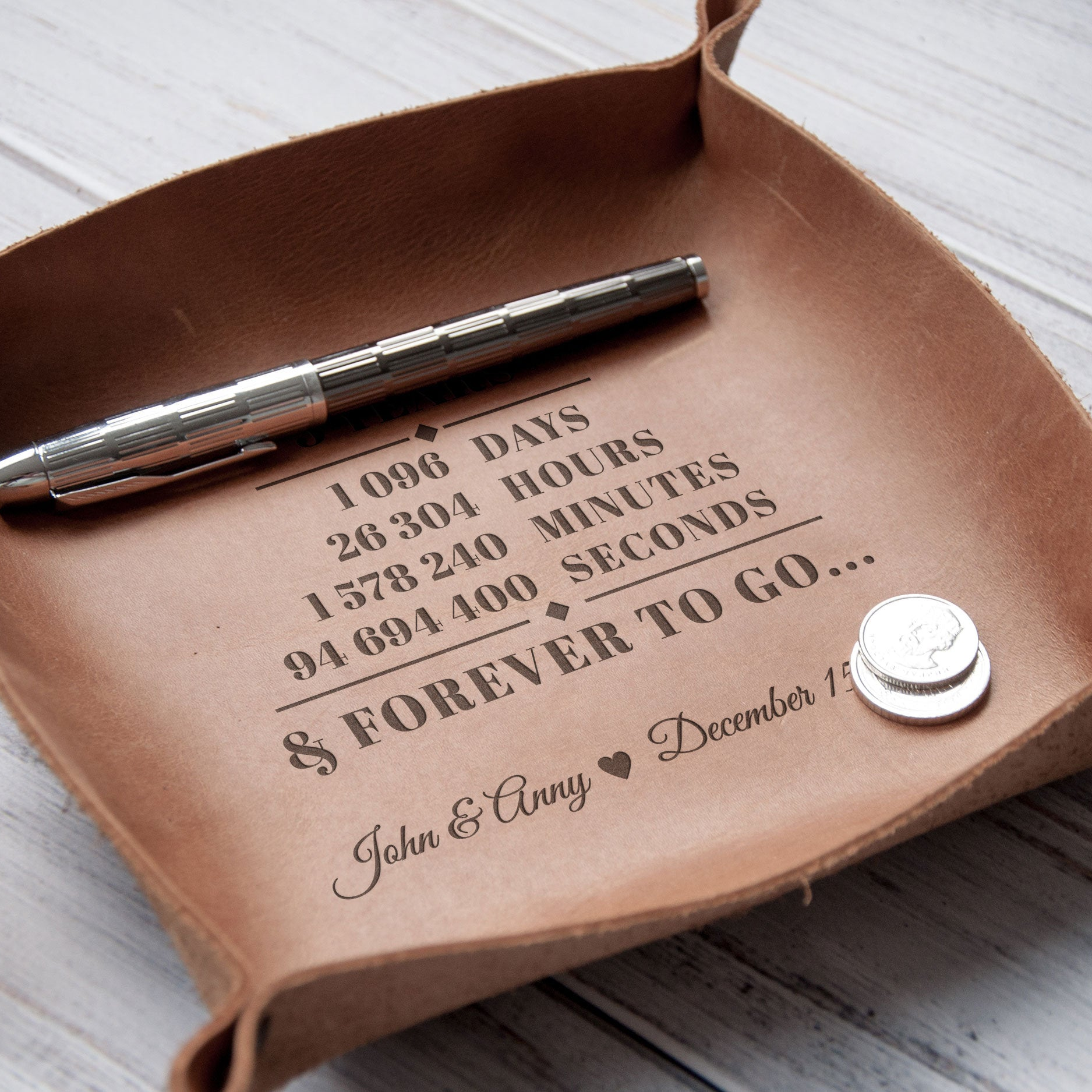 A leather tray with a pen and a coin on it, along with a message that reads "1096 DAYS 26.304 HOURS 1 578.240 MINUTES 94 694.400 SECONDS Forever to Go...".