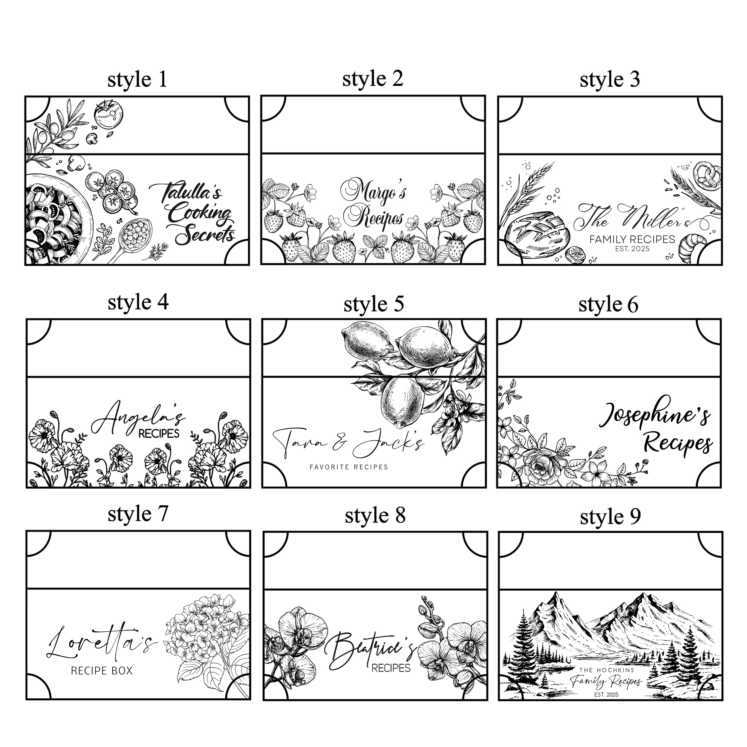 a collection of nine different styles of recipe boxes, each with unique designs and text. The styles include "style 1", "style 2", "style 3", "style 4", "style 5", "style 6", "style 7", "style 8", "style 9", and "style 10". The boxes feature various floral and nature-inspired designs, such as flowers, leaves, and mountains, as well as the names of the recipes or the names of the people associated with the recipes.