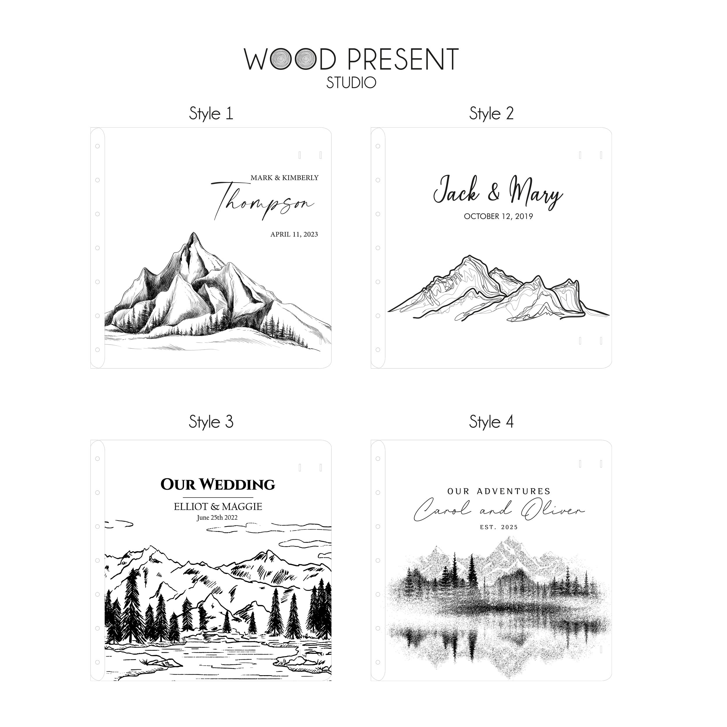 four different styles of wedding invitations or stationery items, each with a unique design and text. The styles include mountain landscapes, a lake scene, a forest, and a mountain range. The text on the designs is related to the couple's wedding, such as names, dates, and the theme of the event.
