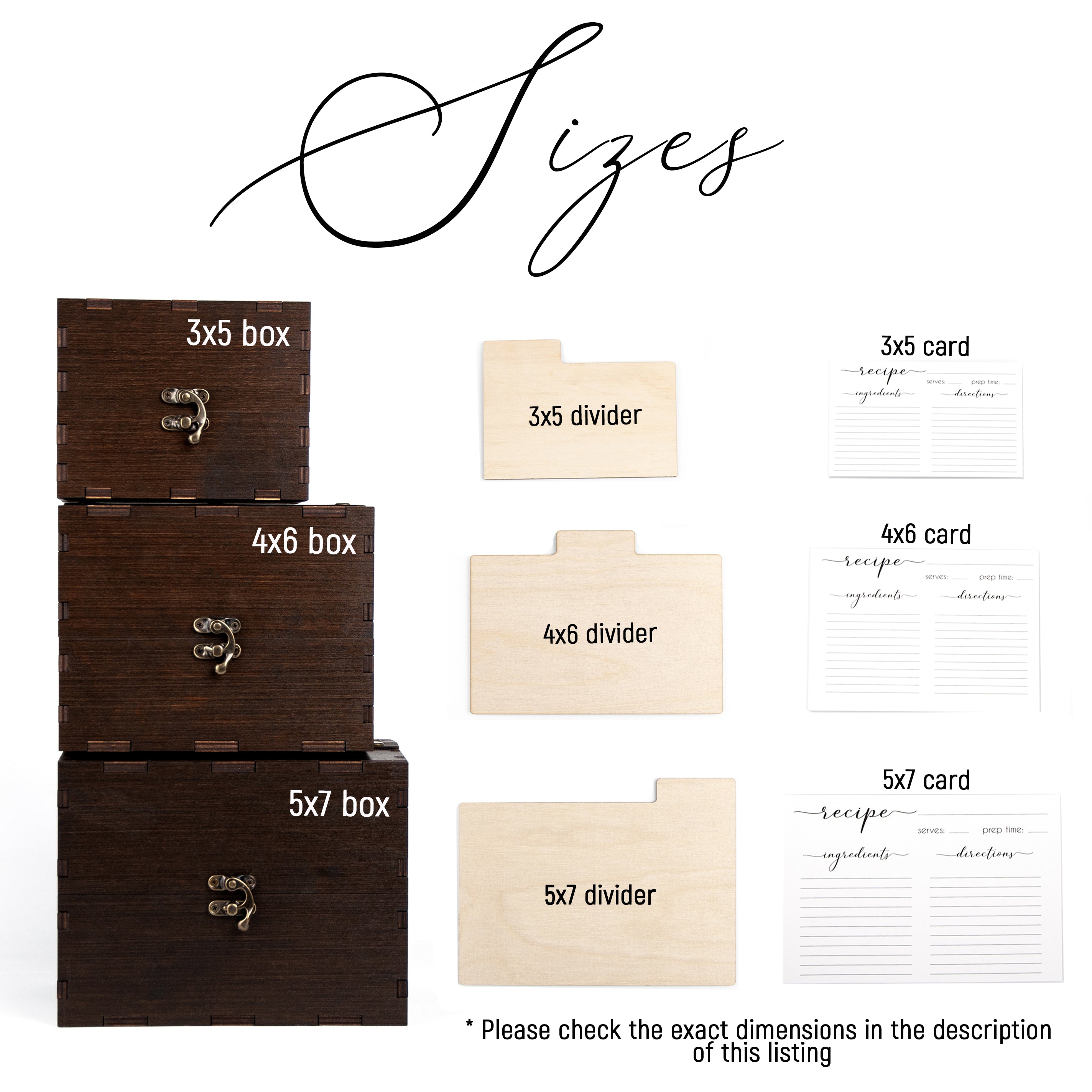 various sizes of wooden boxes and dividers, along with recipe cards and a note about checking the exact dimensions of the listing.