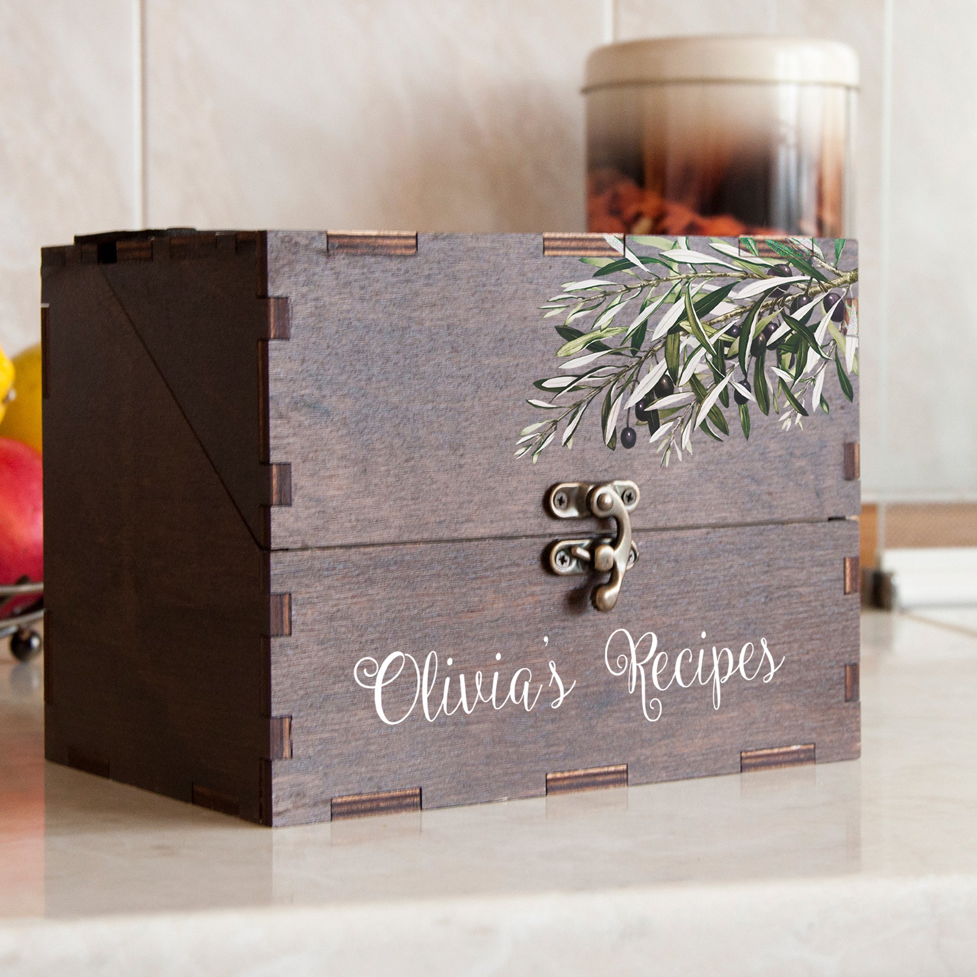 Wooden Recipe Box with Olive Branch Print - Housewarming Gift for Her