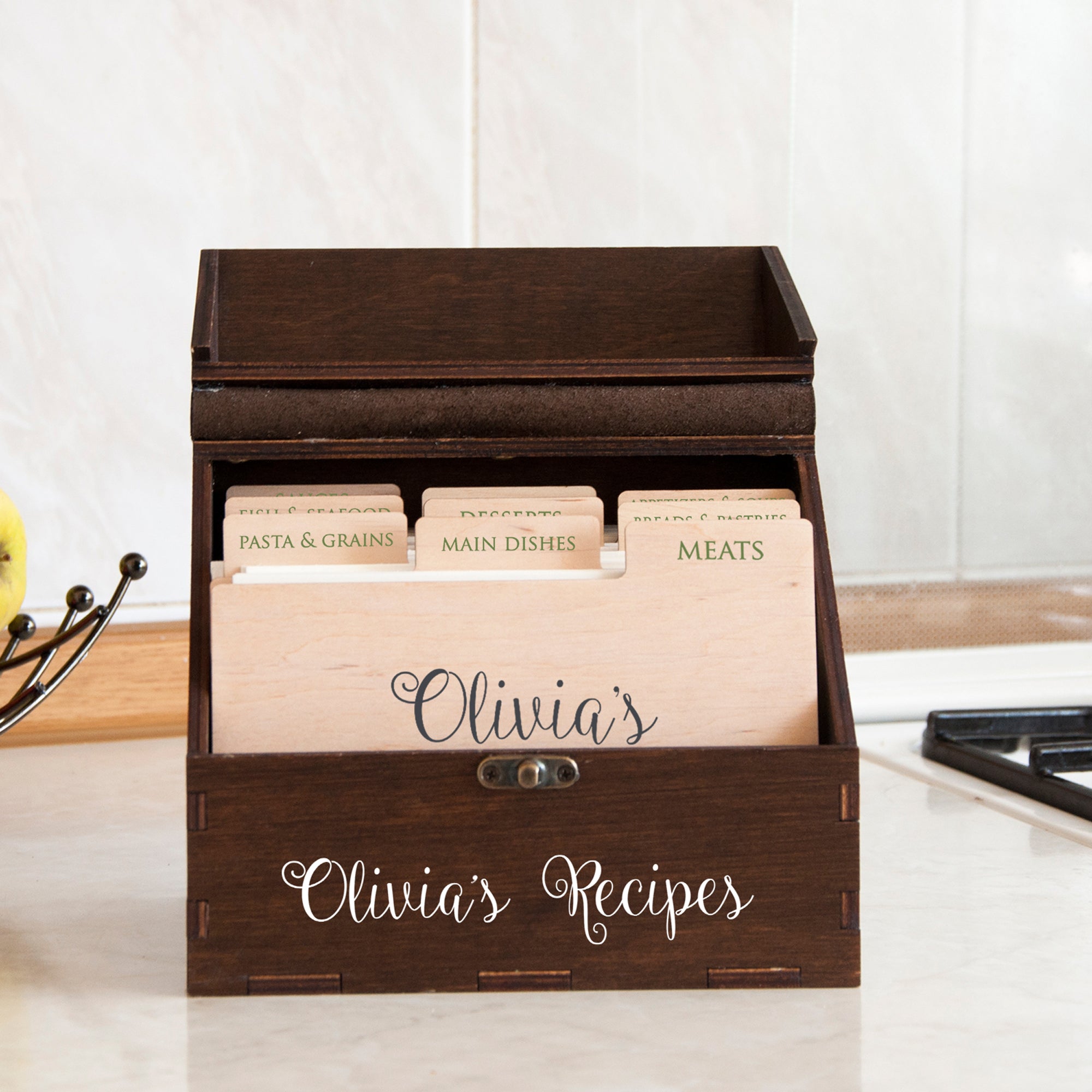 Wooden Recipe Box with Olive Branch Print - Housewarming Gift for Her