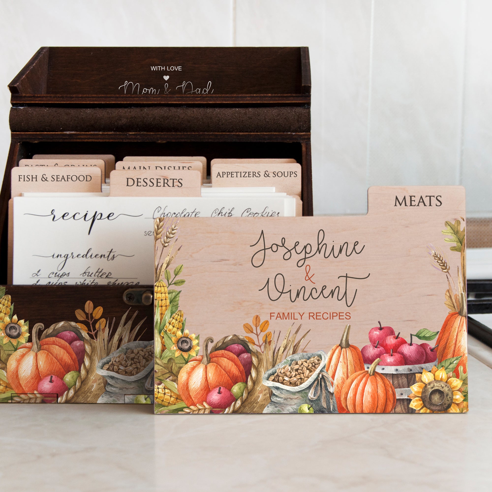 Farmhouse Recipe Card Box with Dividers 4x6 or 5x7 - Fall Bridal Shower Gift