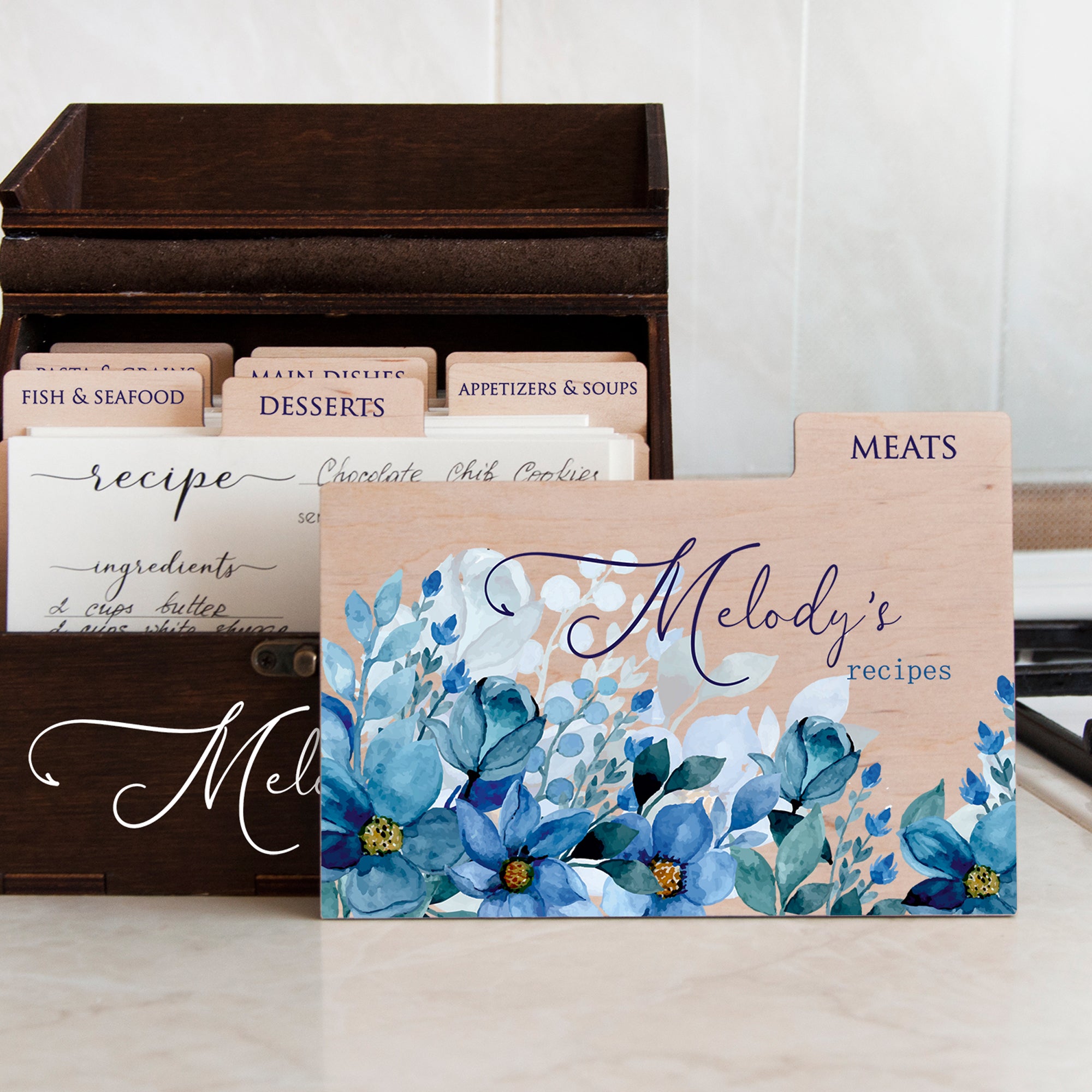 Personalized Recipe Box with Floral Dividers - Christmas Gift for Mom