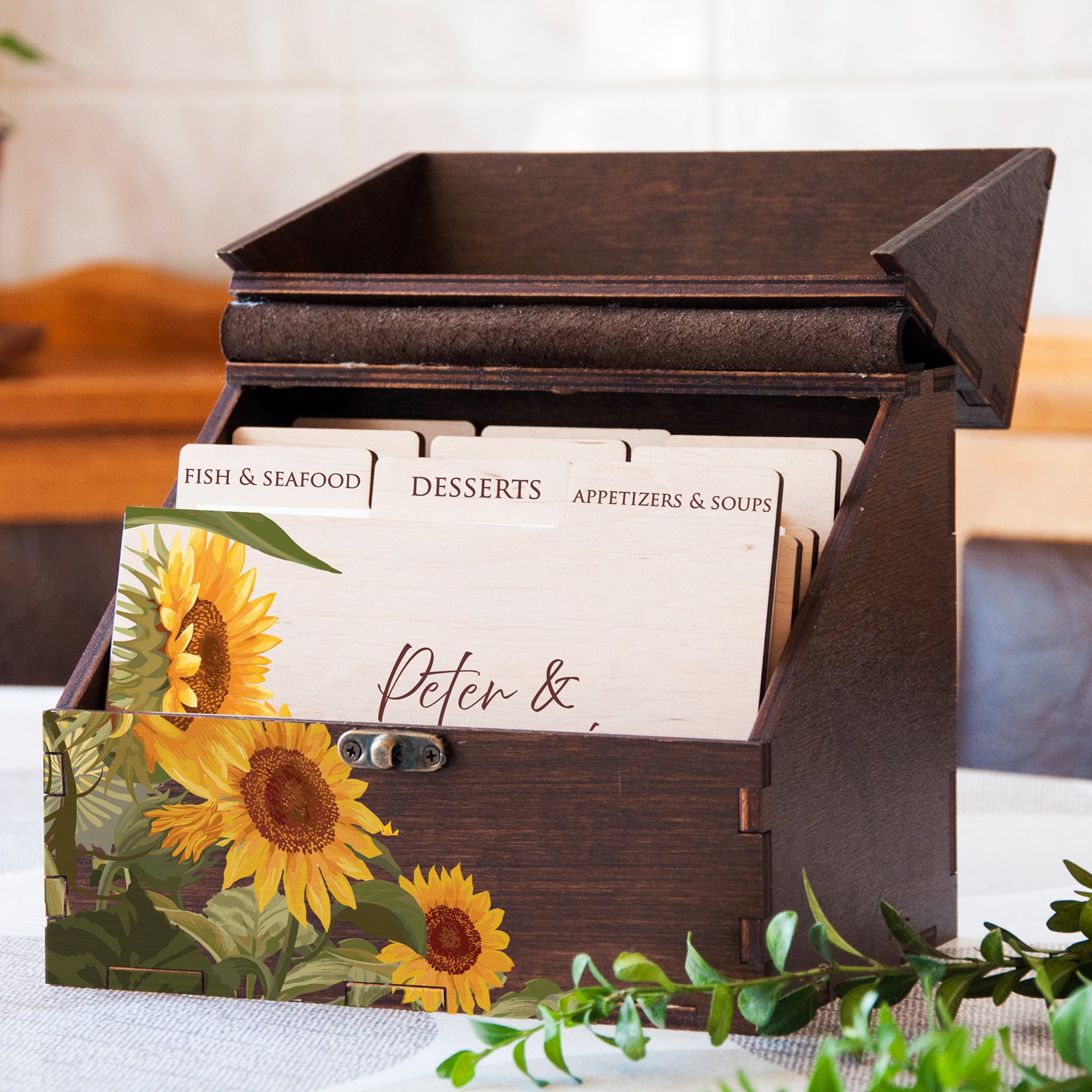 Wooden Recipe Box with Sunflowers - Bridal Shower Gift for Bride