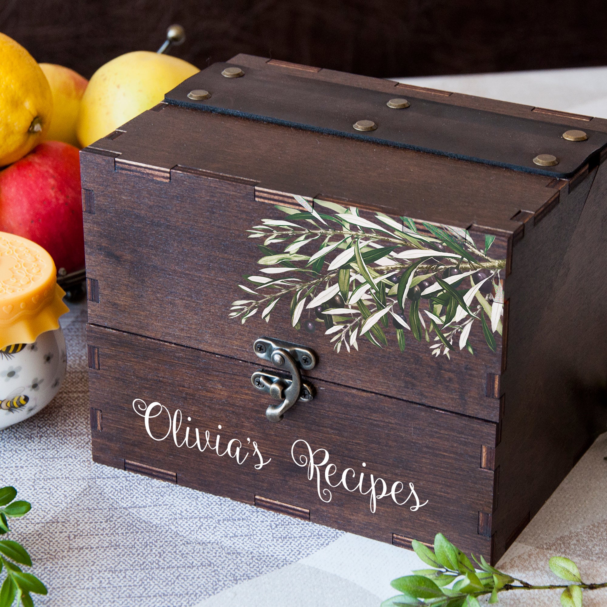 Wooden Recipe Box with Olive Branch Print - Housewarming Gift for Her