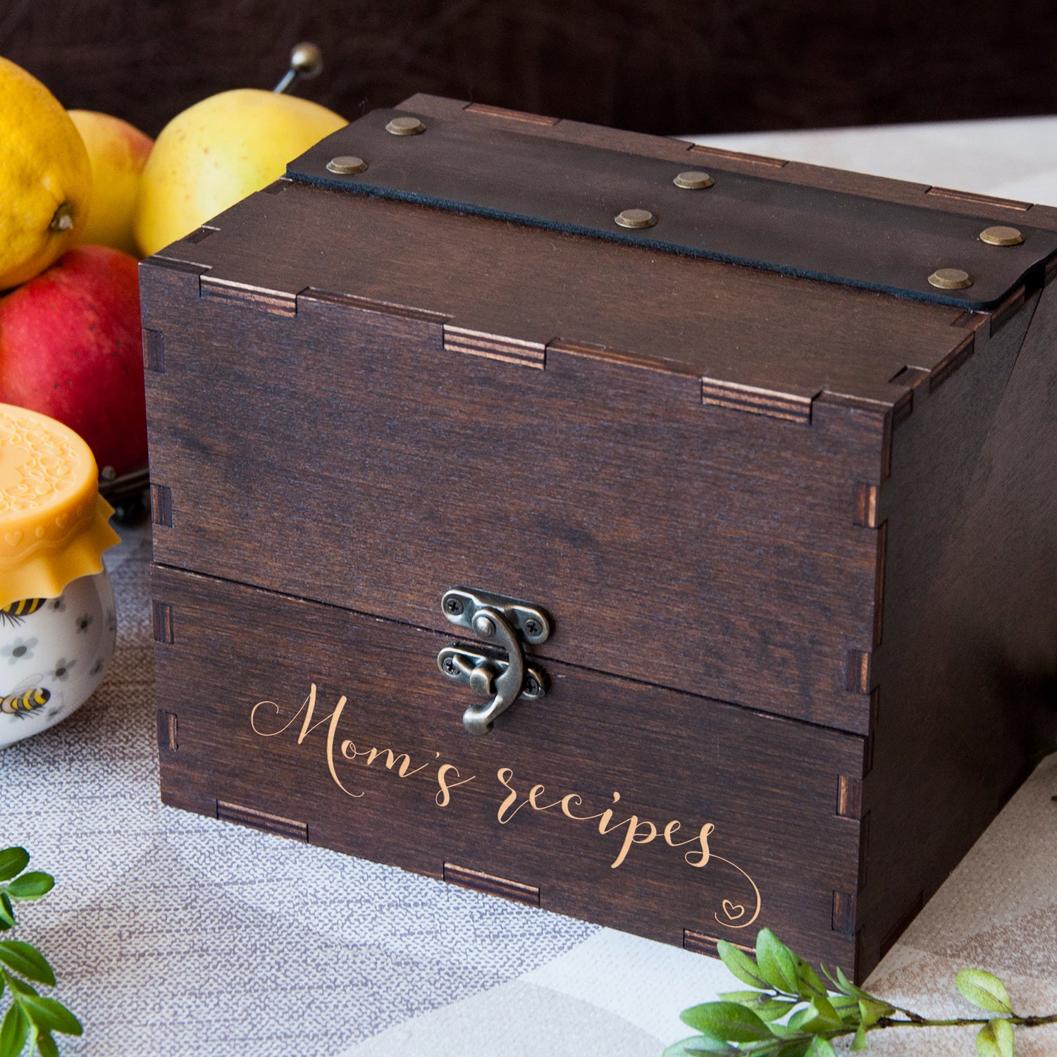 Wooden Recipe Box - Personalized Recipe Card Box for Moms Birthday