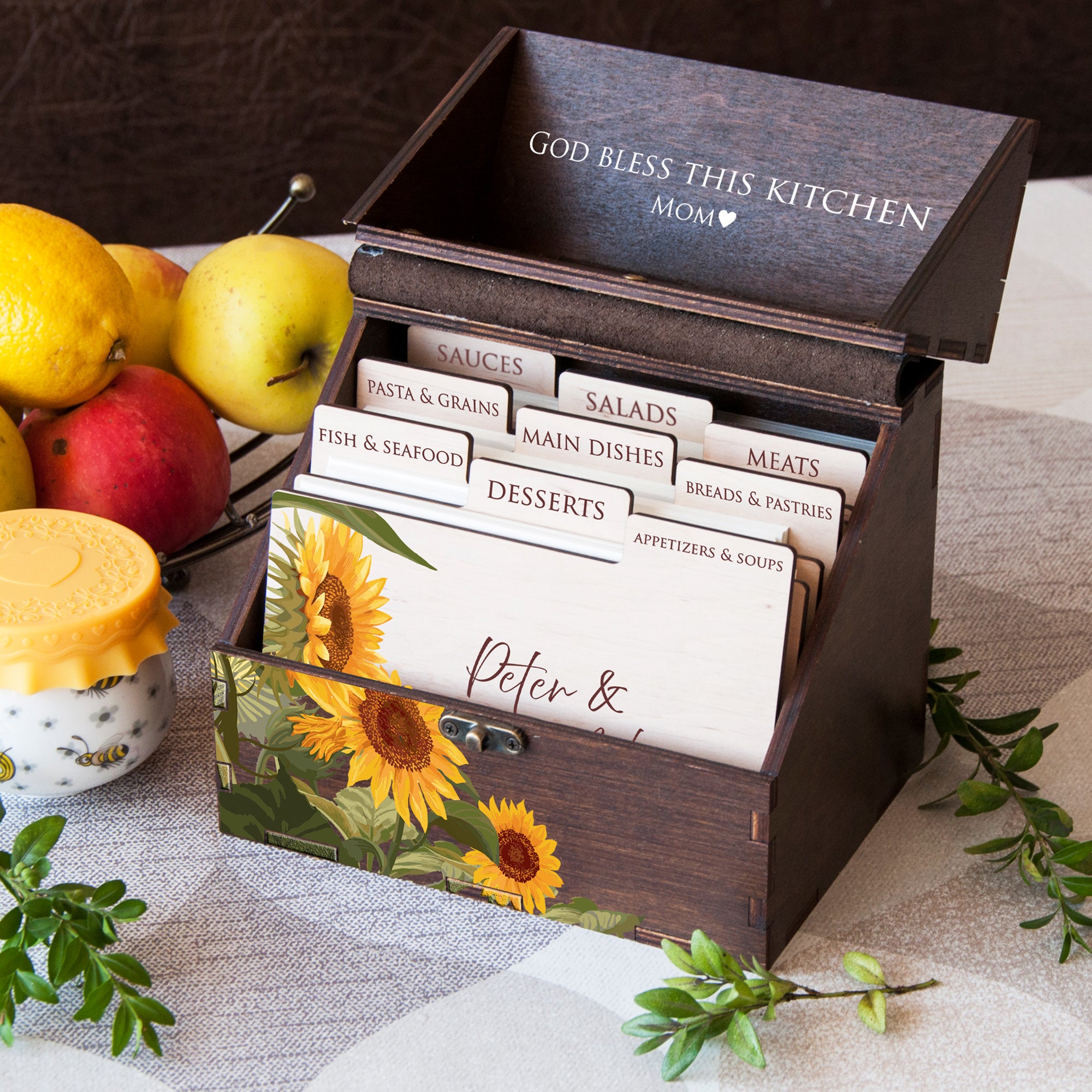 Wooden Recipe Box with Sunflowers - Bridal Shower Gift for Bride