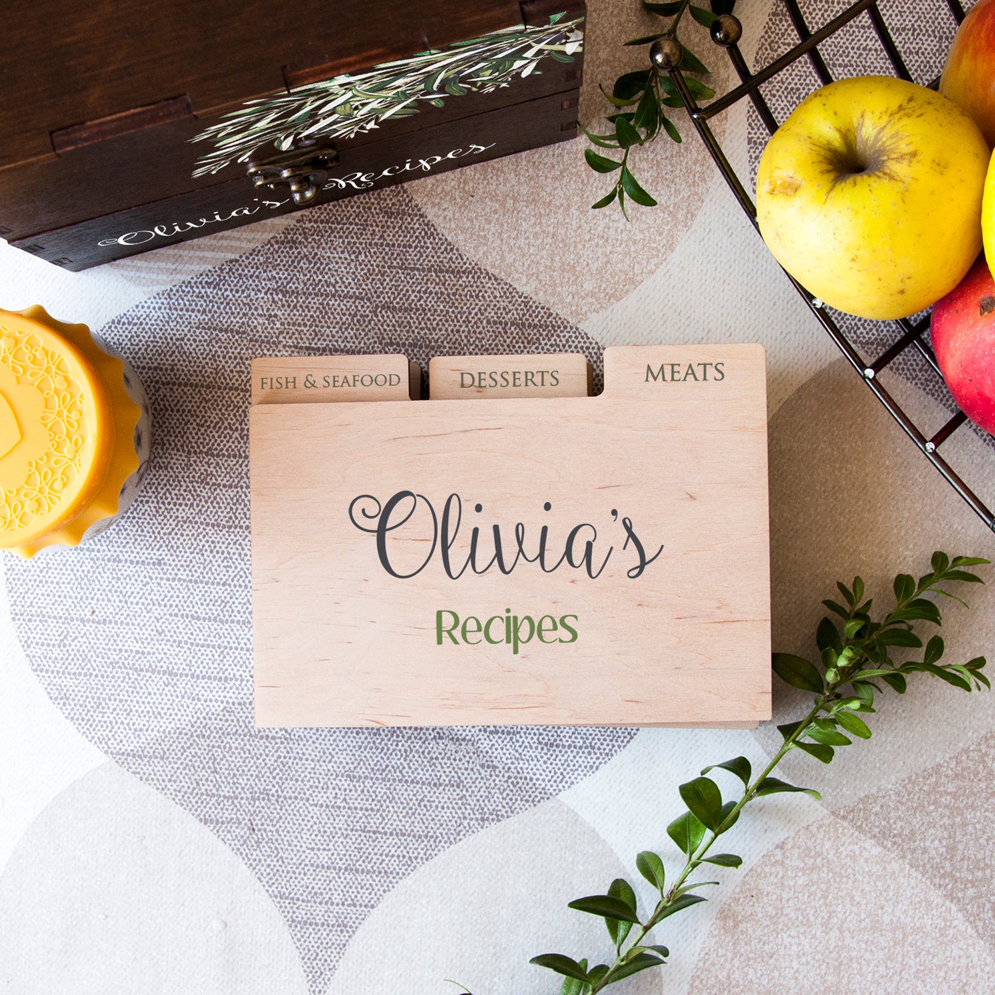 Wooden Recipe Box with Olive Branch Print - Housewarming Gift for Her
