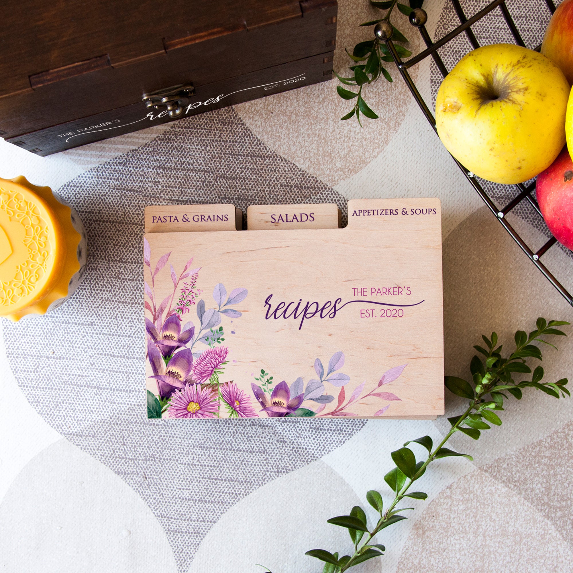 Personalized Recipe Box with Floral Printable Recipe Dividers - Wedding Gift for Daughter