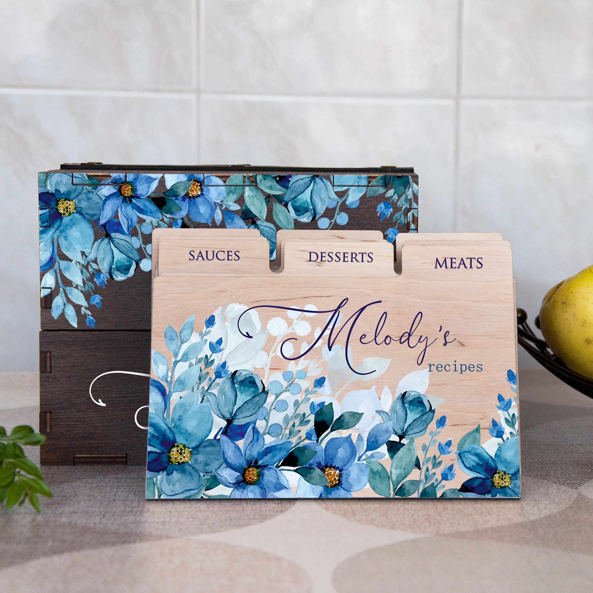 Personalized Recipe Box with Floral Dividers - Christmas Gift for Mom