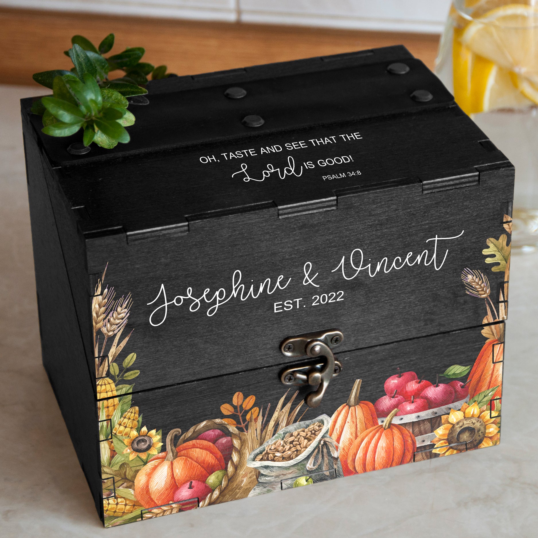 Farmhouse Recipe Card Box with Dividers 4x6 or 5x7 - Fall Bridal Shower Gift