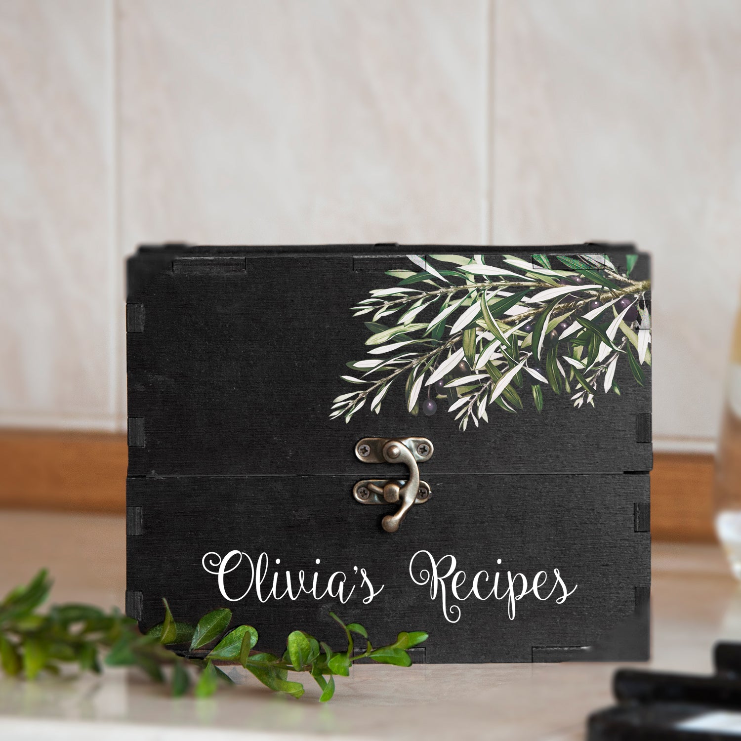 Wooden Recipe Box with Olive Branch Print - Housewarming Gift for Her