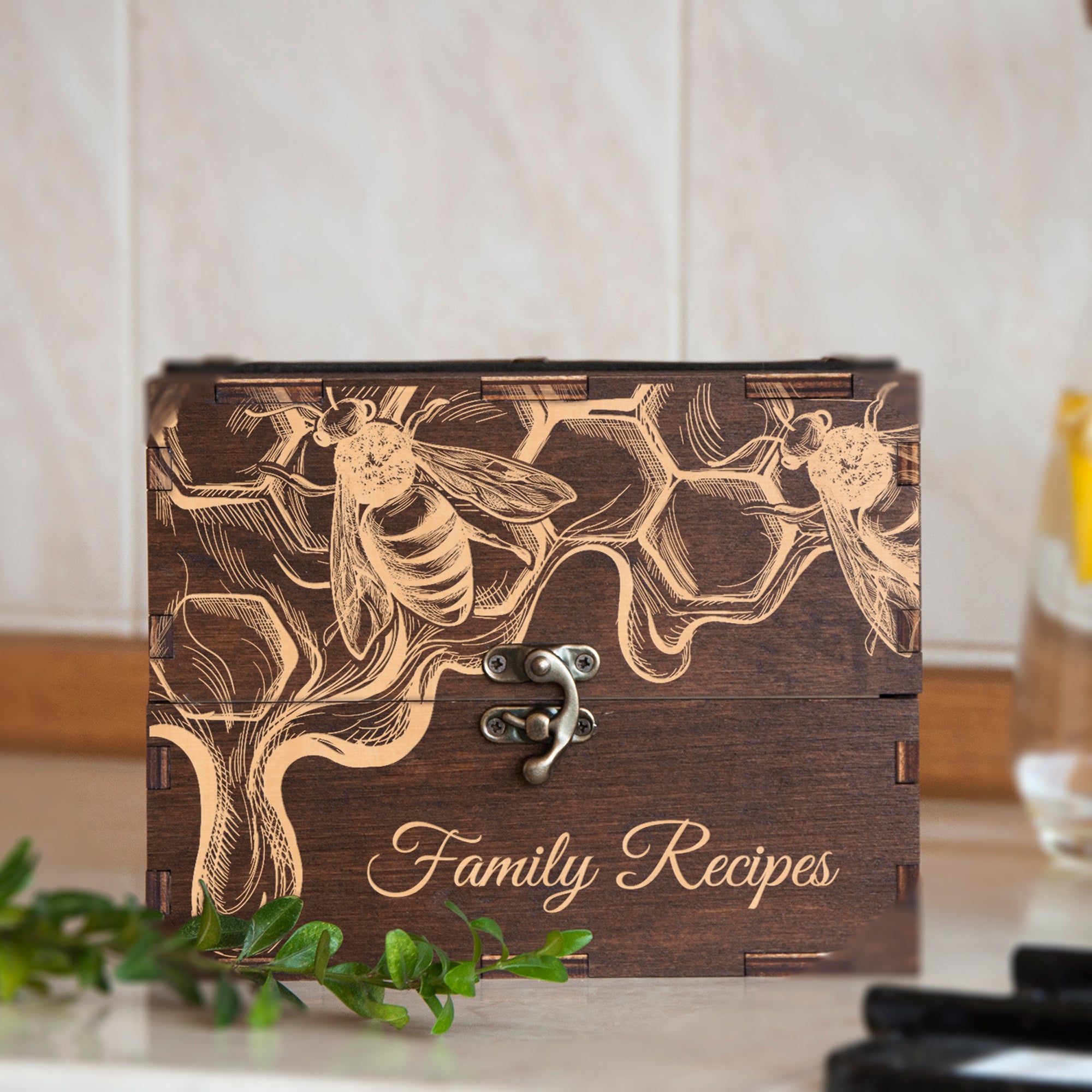 Honeycomb Recipe Box - Christmas Gift for Grandma with Bumble Bee Art