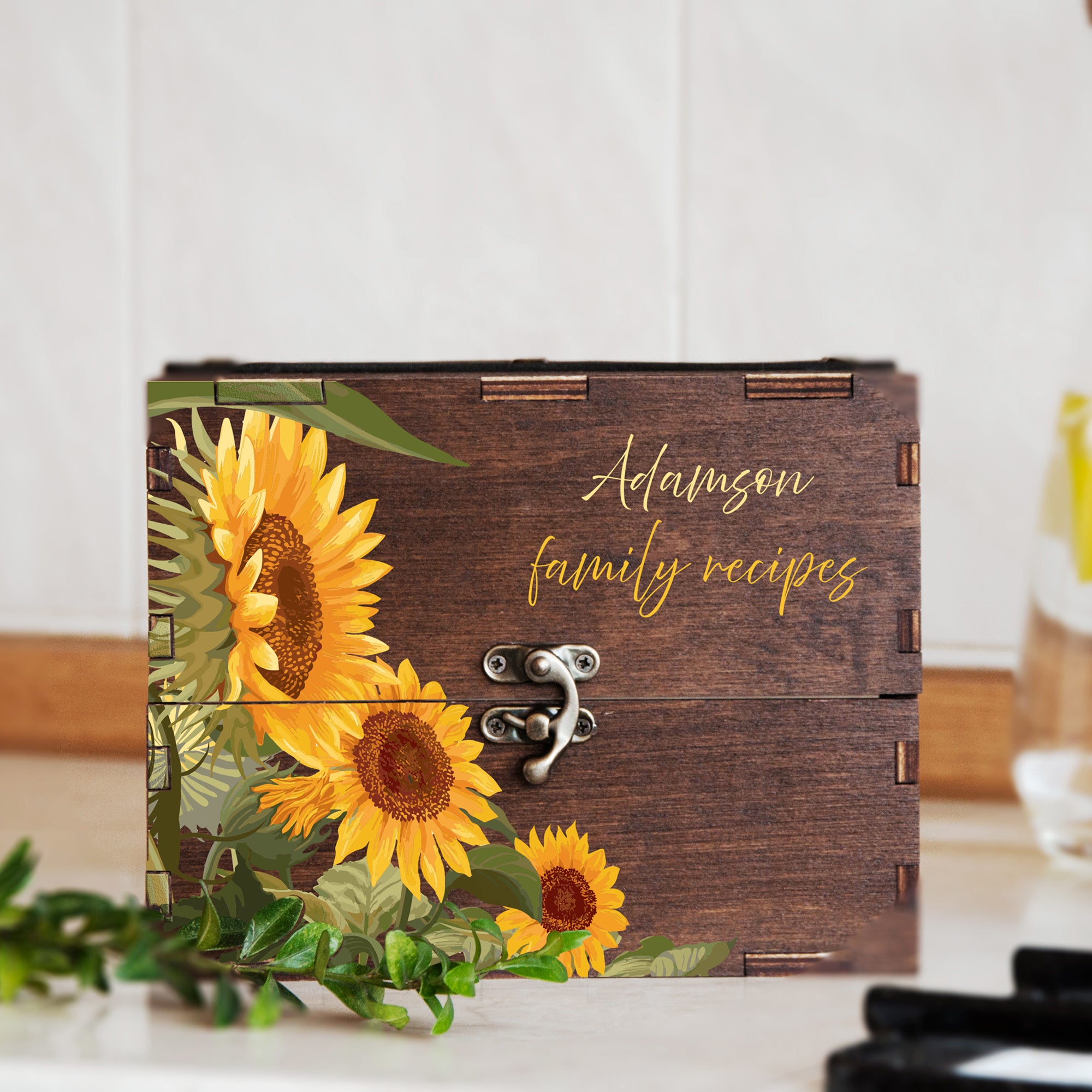 Wooden Recipe Box with Sunflowers - Bridal Shower Gift for Bride