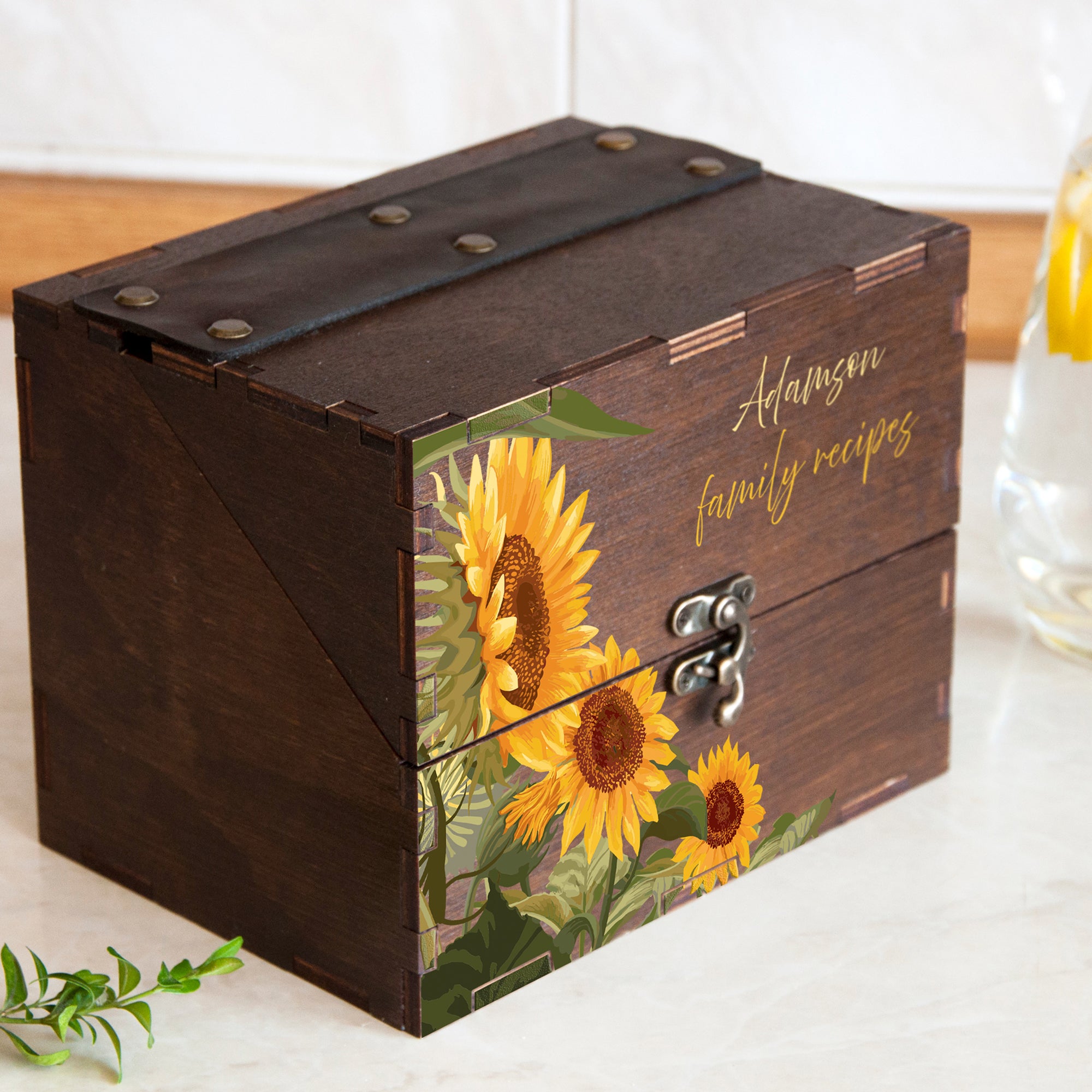 Wooden Recipe Box with Sunflowers - Bridal Shower Gift for Bride