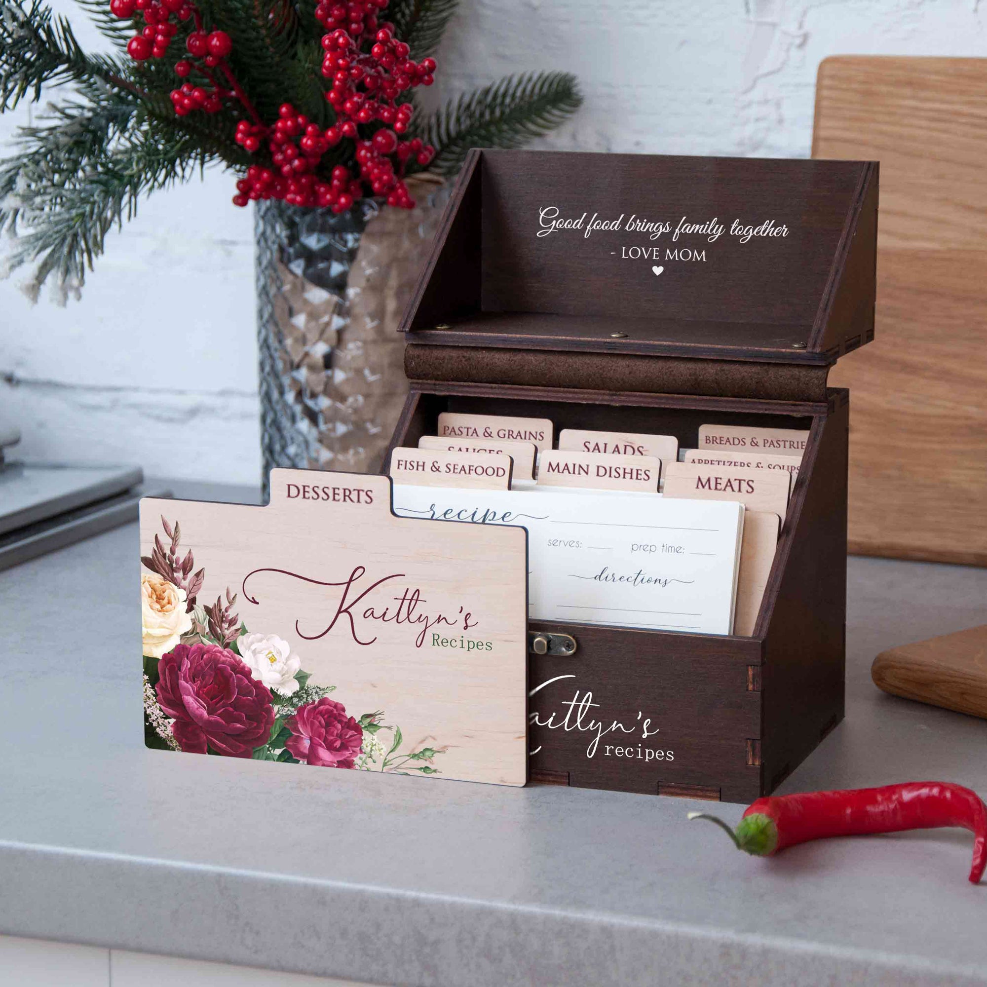 Floral recipe card box - Personalized Christmas gift for mom