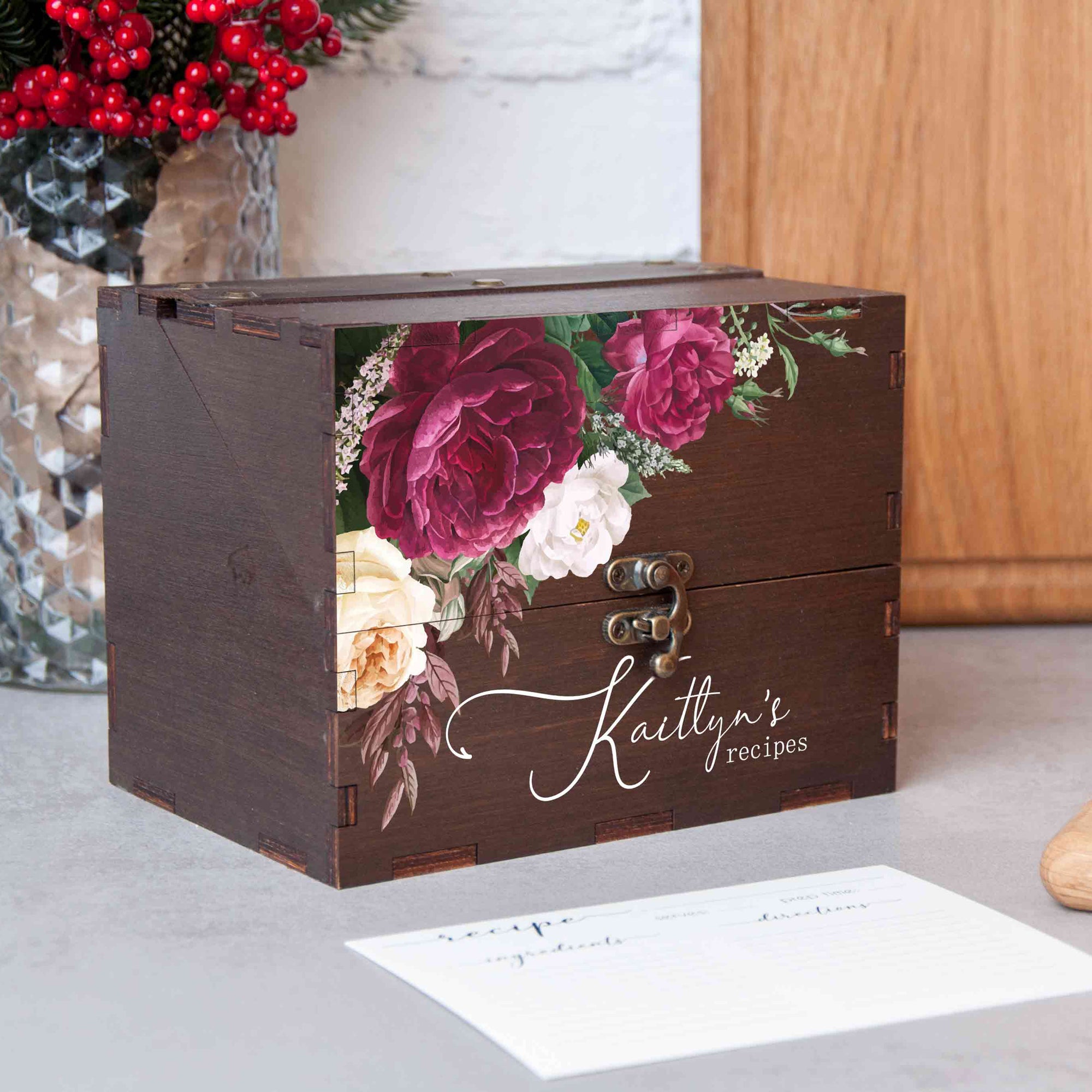 Floral recipe card box - Personalized Christmas gift for mom