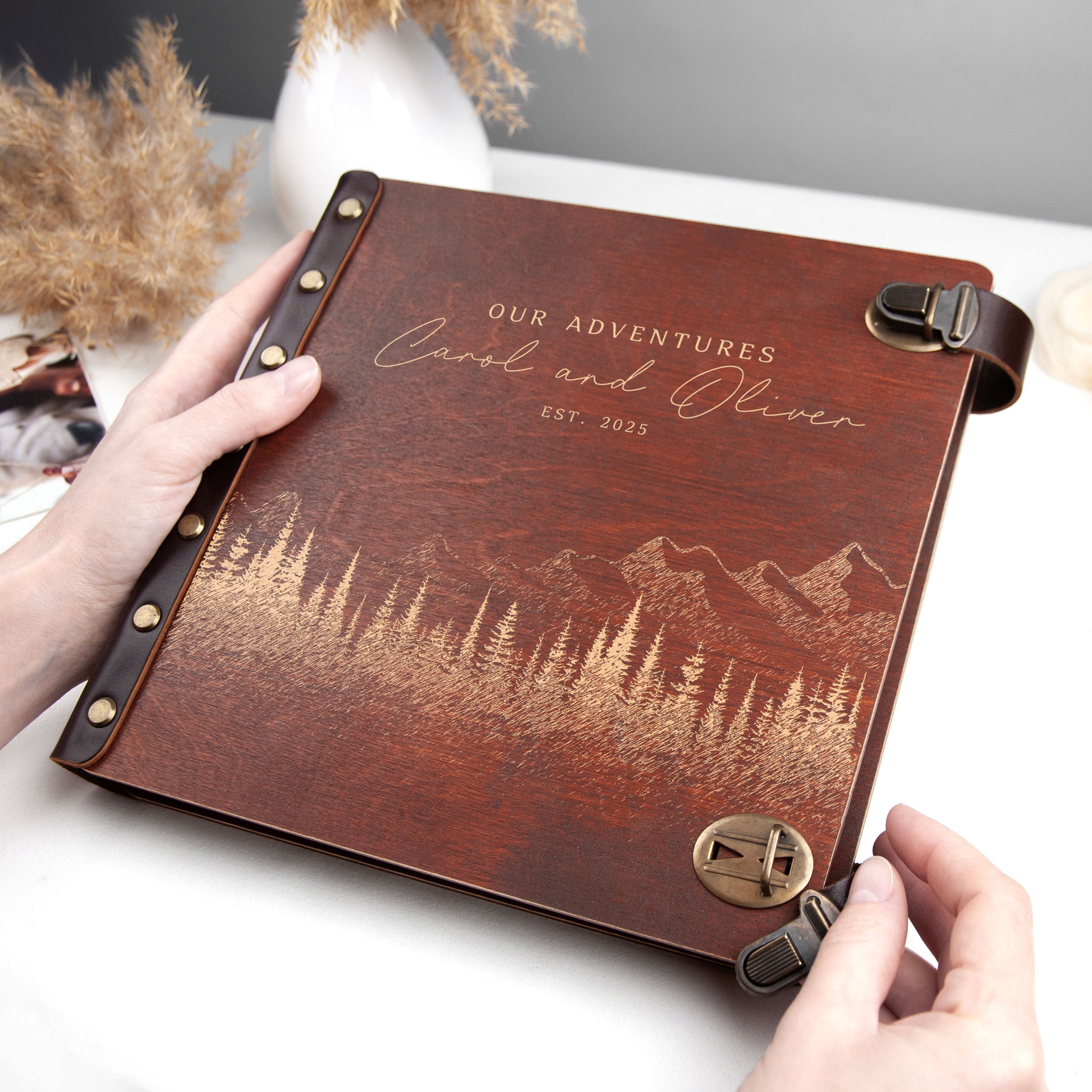 Engraved Wooden Album with Mountains - Anniversary Gifts for Couple