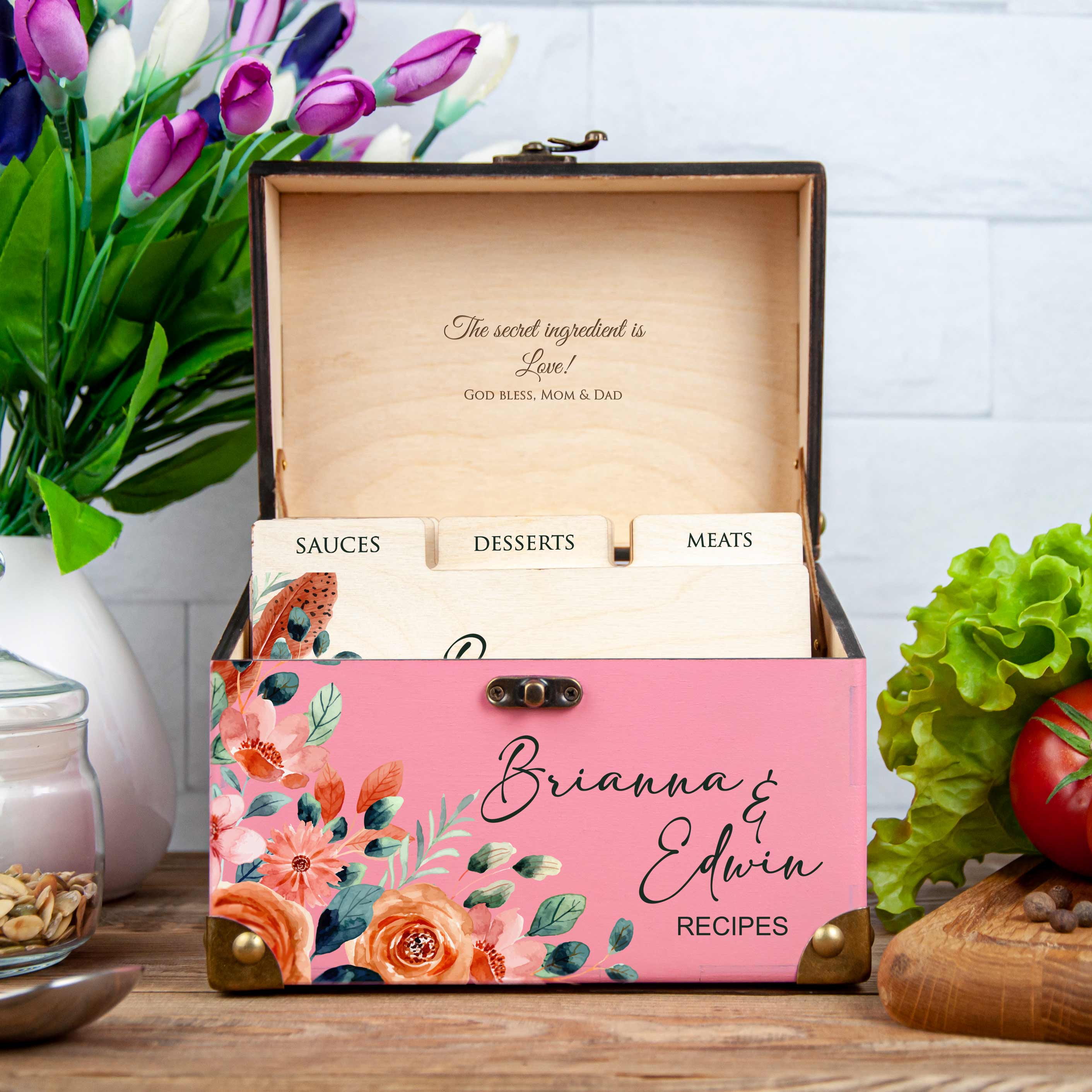 Wooden Recipe Organizer with Dividers & Cards - Bridal Shower Gift for Bride to Be