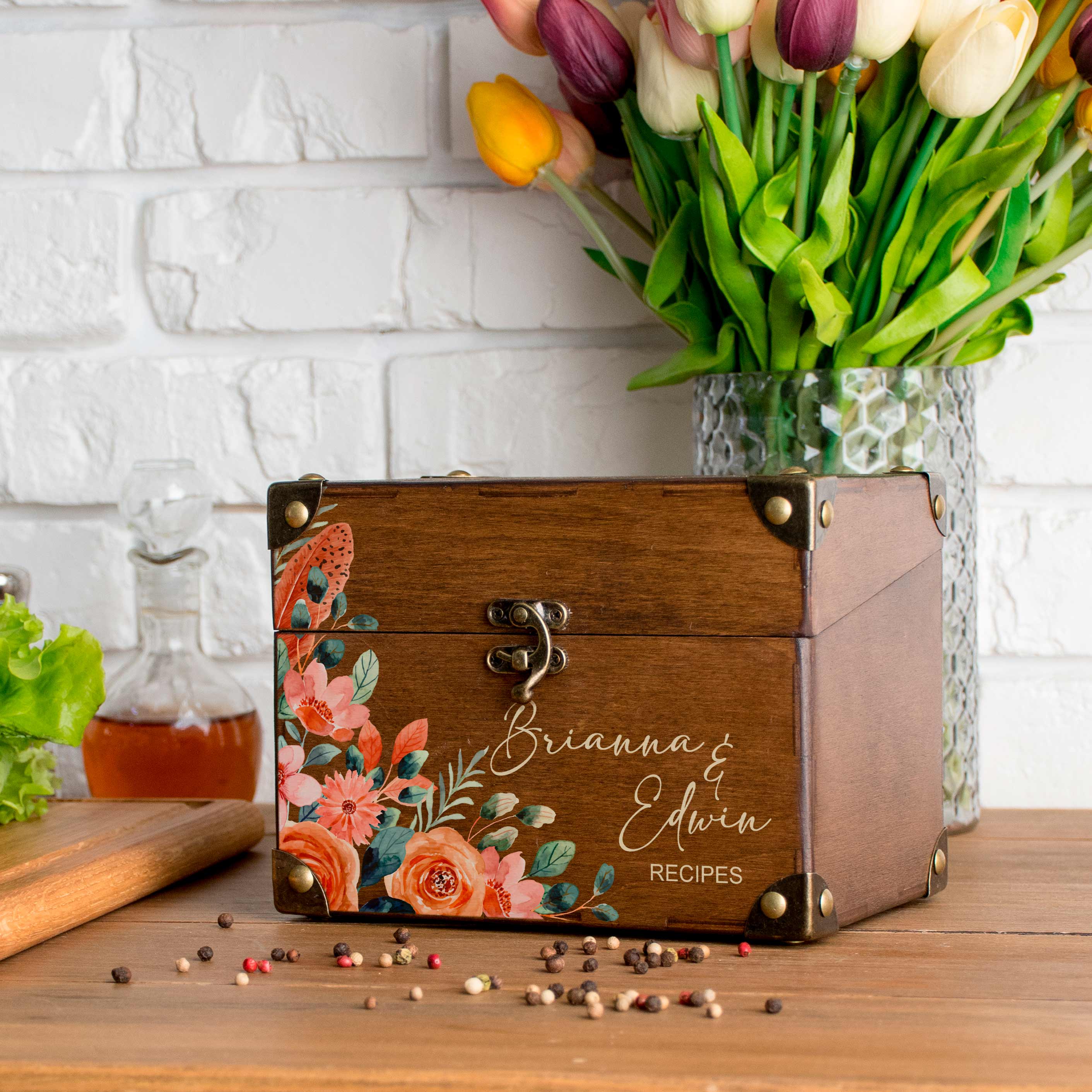 Wooden Recipe Organizer with Dividers & Cards - Bridal Shower Gift for Bride to Be