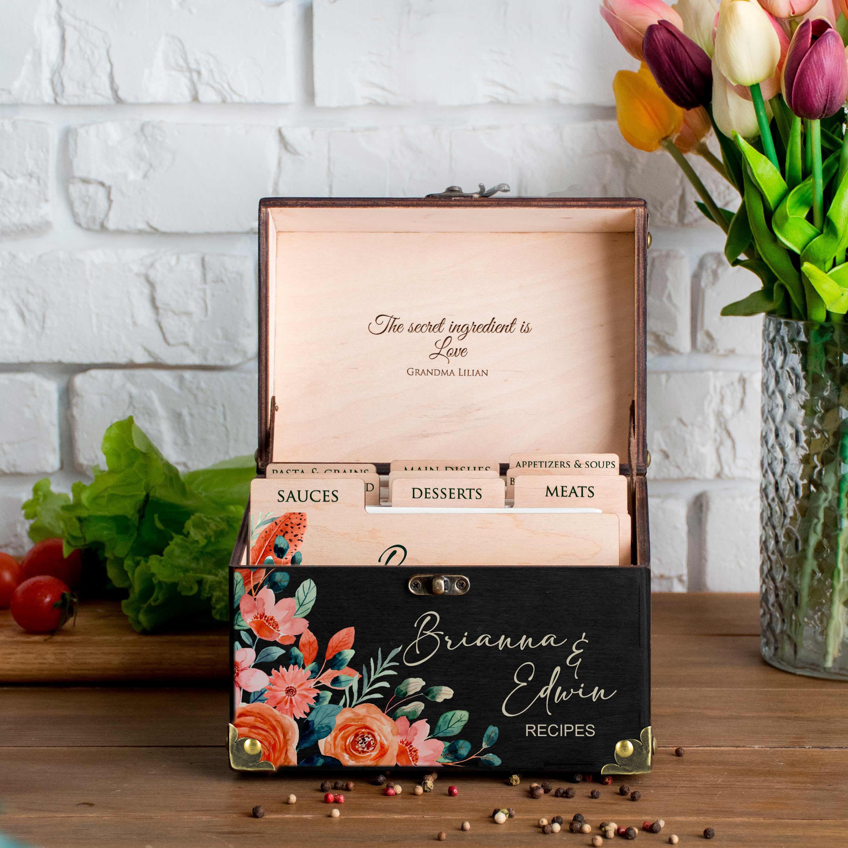 Wooden Recipe Organizer with Dividers & Cards - Bridal Shower Gift for Bride to Be