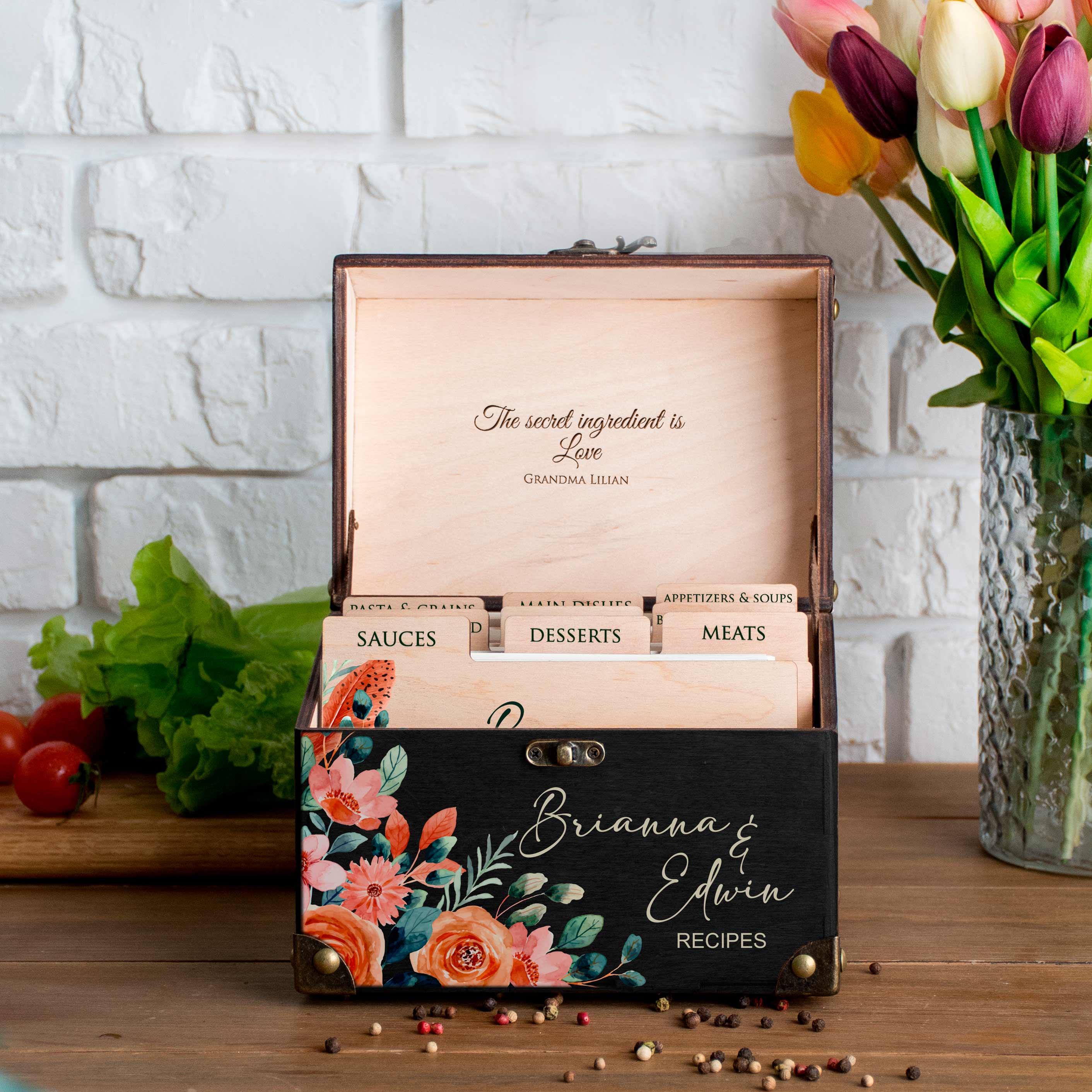 Wooden Recipe Organizer with Dividers & Cards - Bridal Shower Gift for Bride to Be