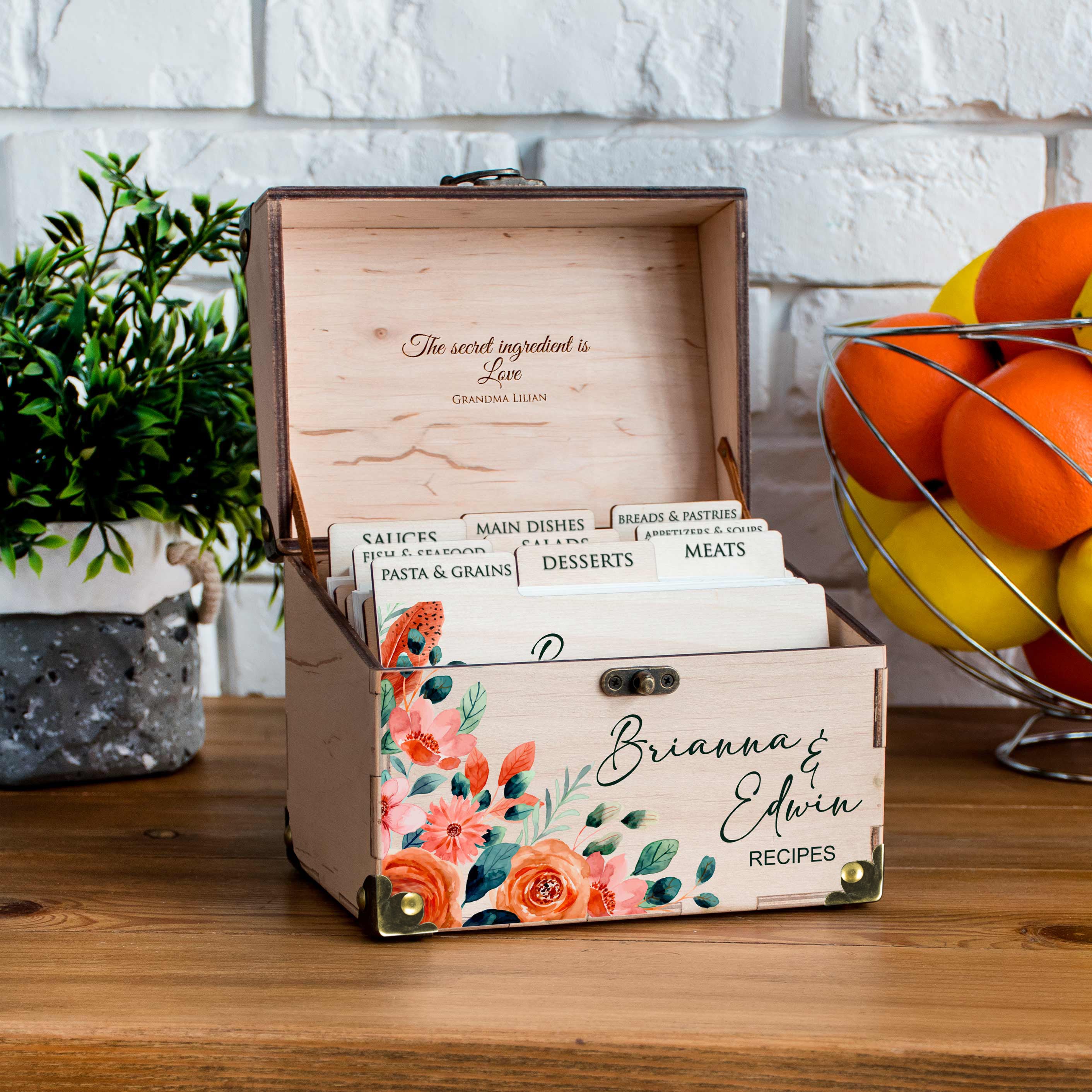 Wooden Recipe Organizer with Dividers & Cards - Bridal Shower Gift for Bride to Be