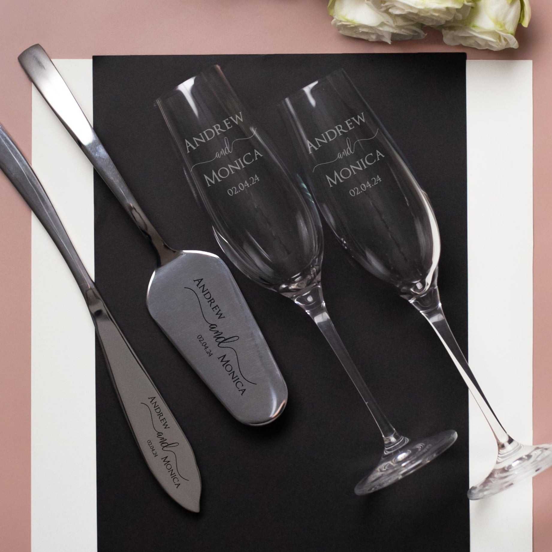 Wedding Serving Set and Engraved Champagne Glasses - Wedding Serving Accessories