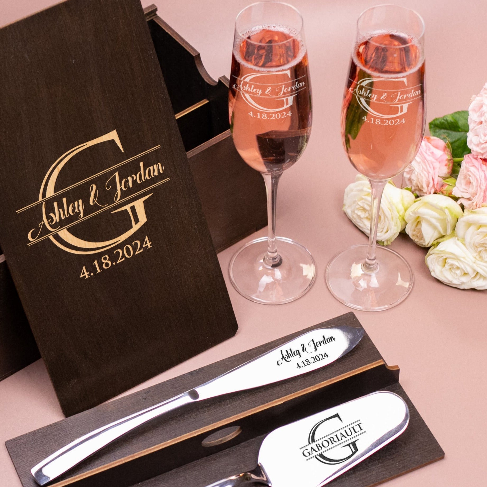 Elegant Wedding Champagne Flutes & Personalized Cake Serving Set