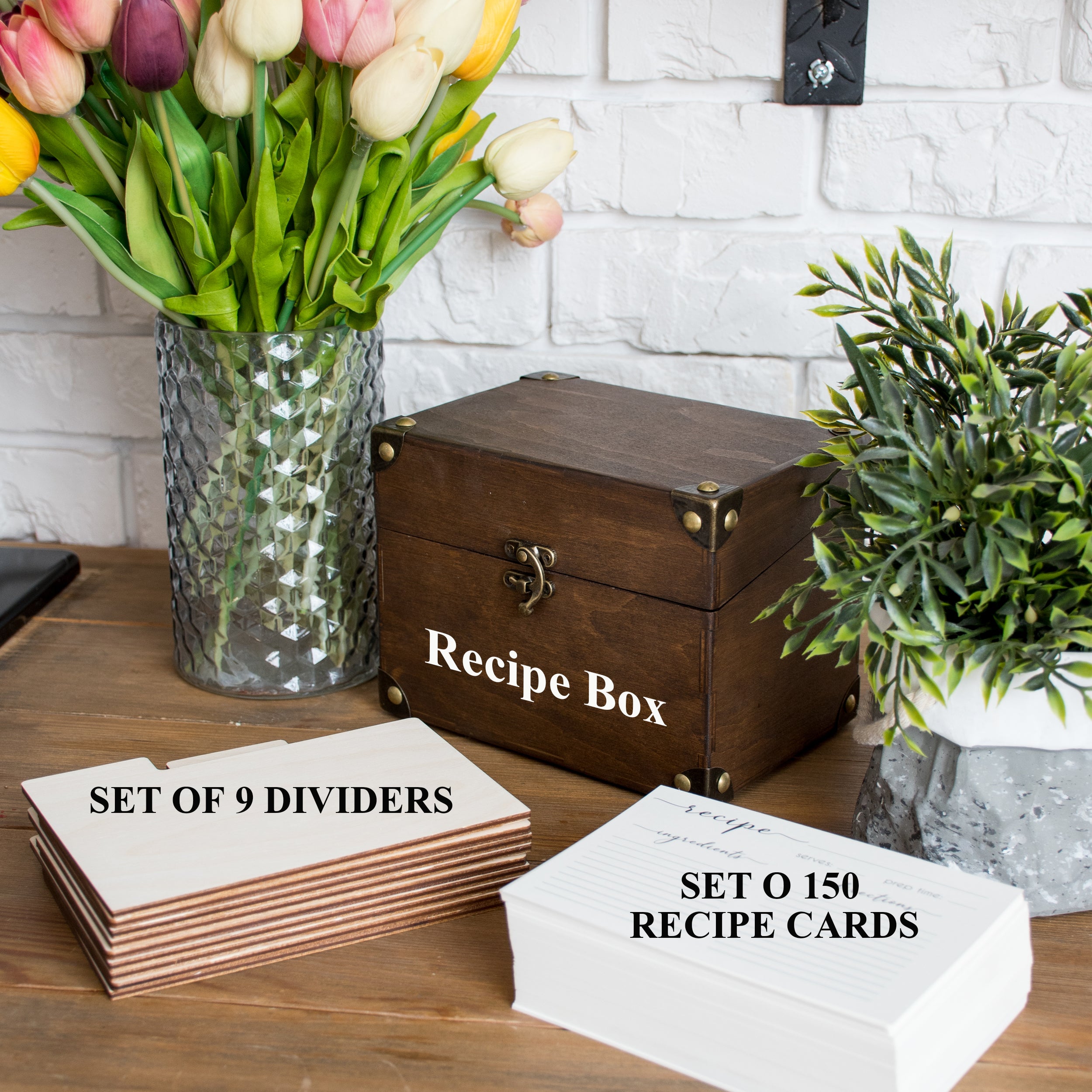 Wooden Heirloom Recipe Box with Dividers and Cards - Kitchen Recipe Storage Box