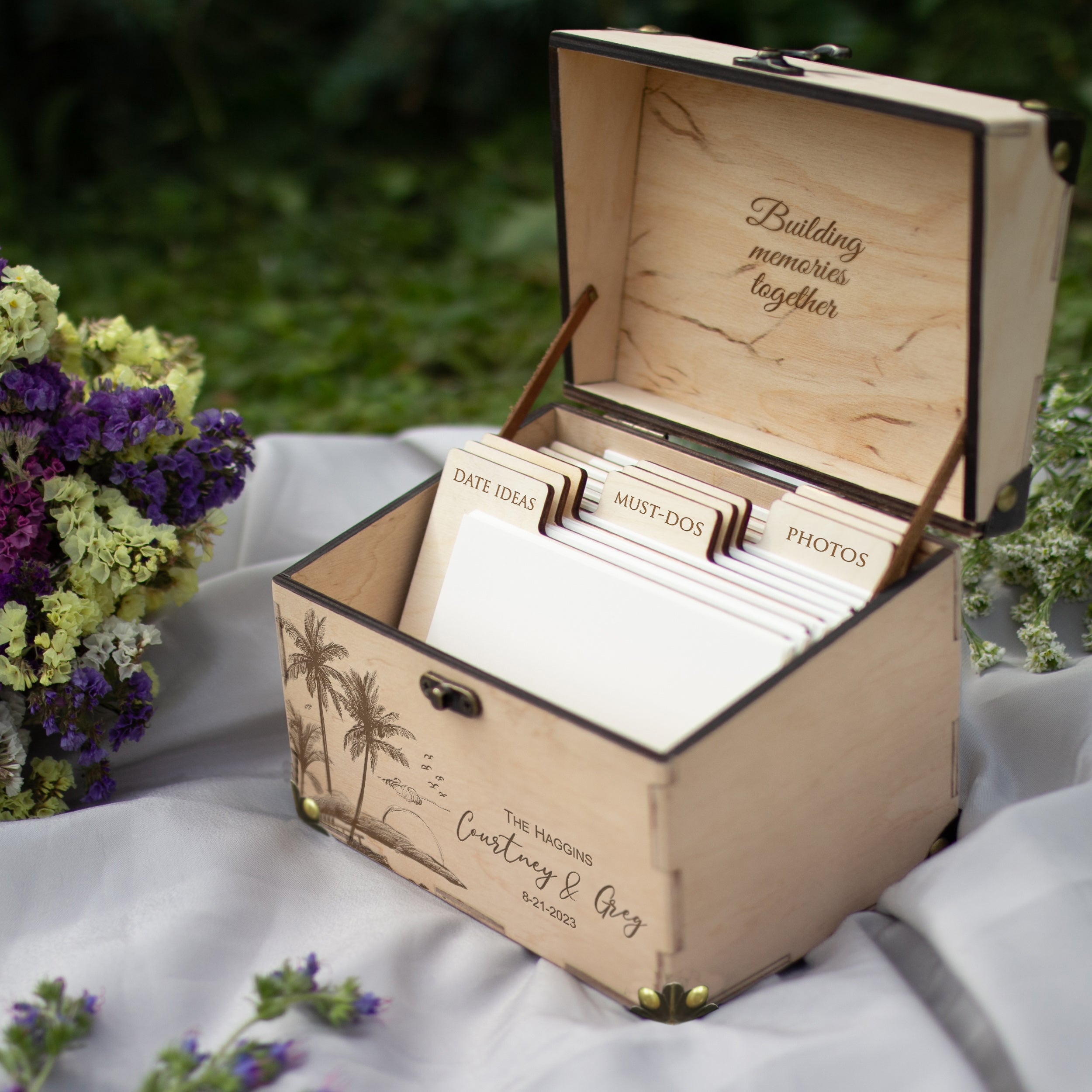 Alternative Wedding Guest Book for Beach & Destination Weddings - Wooden Card Box with Palm Leaves