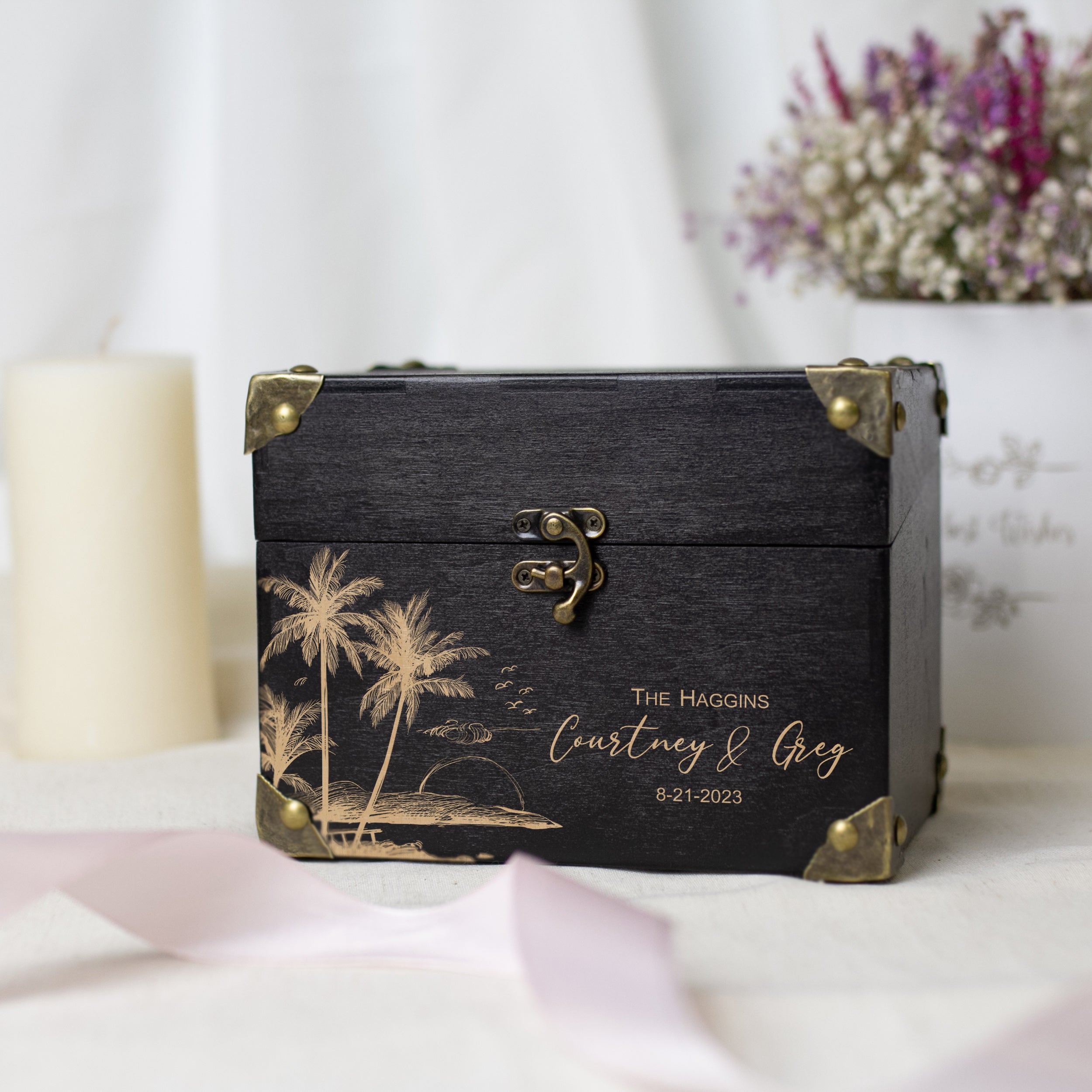 Alternative Wedding Guest Book for Beach & Destination Weddings - Wooden Card Box with Palm Leaves