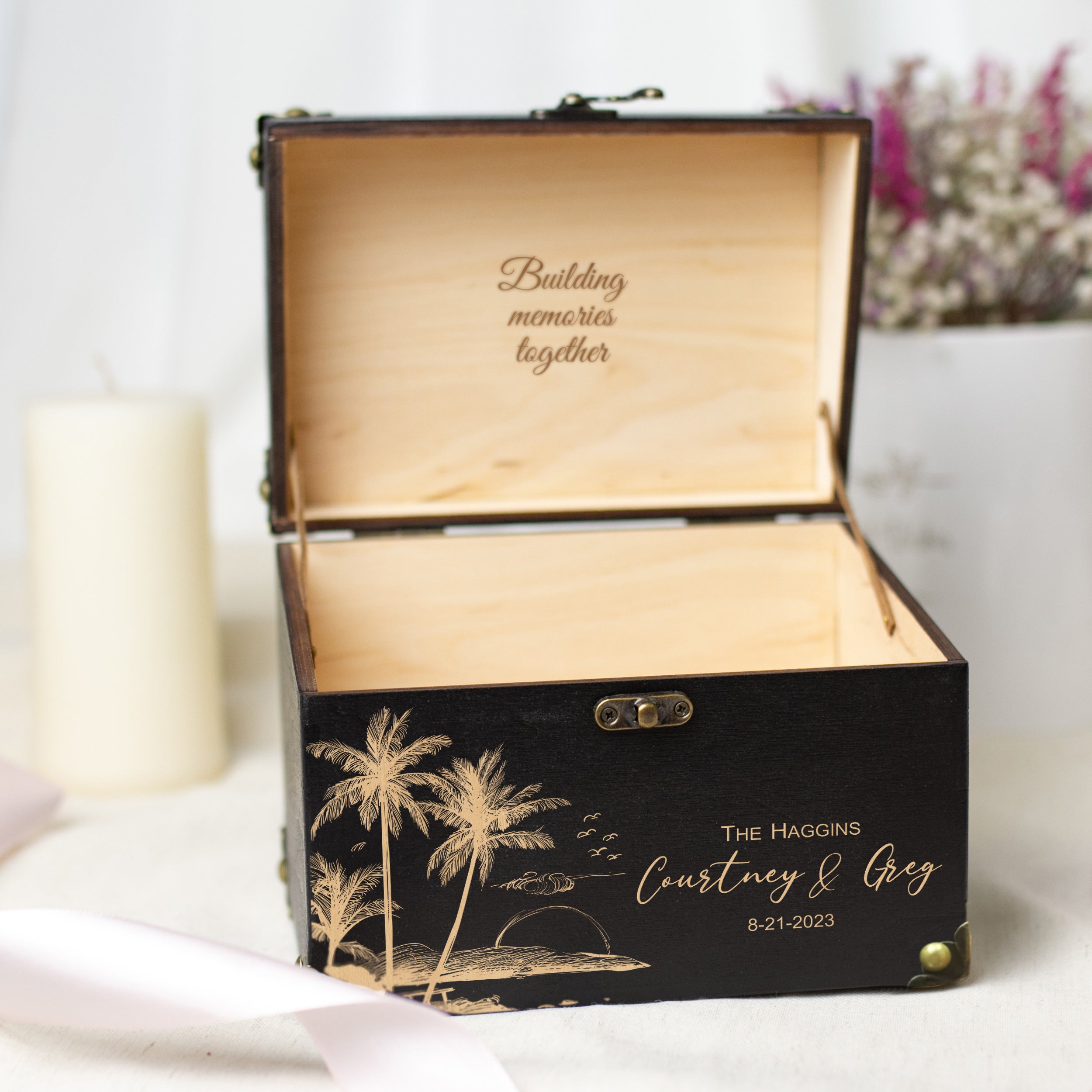Alternative Wedding Guest Book for Beach & Destination Weddings - Wooden Card Box with Palm Leaves