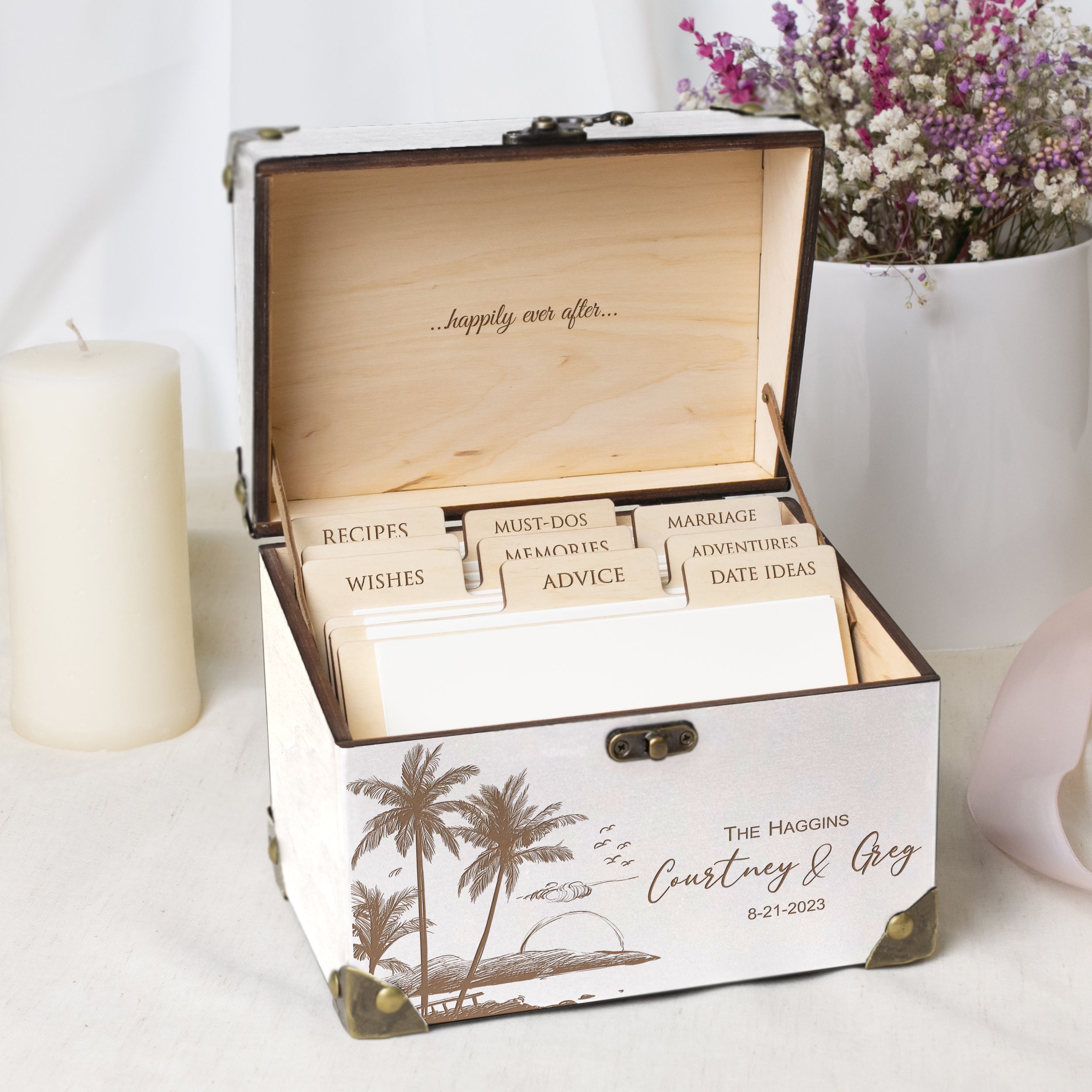 Alternative Wedding Guest Book for Beach & Destination Weddings - Wooden Card Box with Palm Leaves
