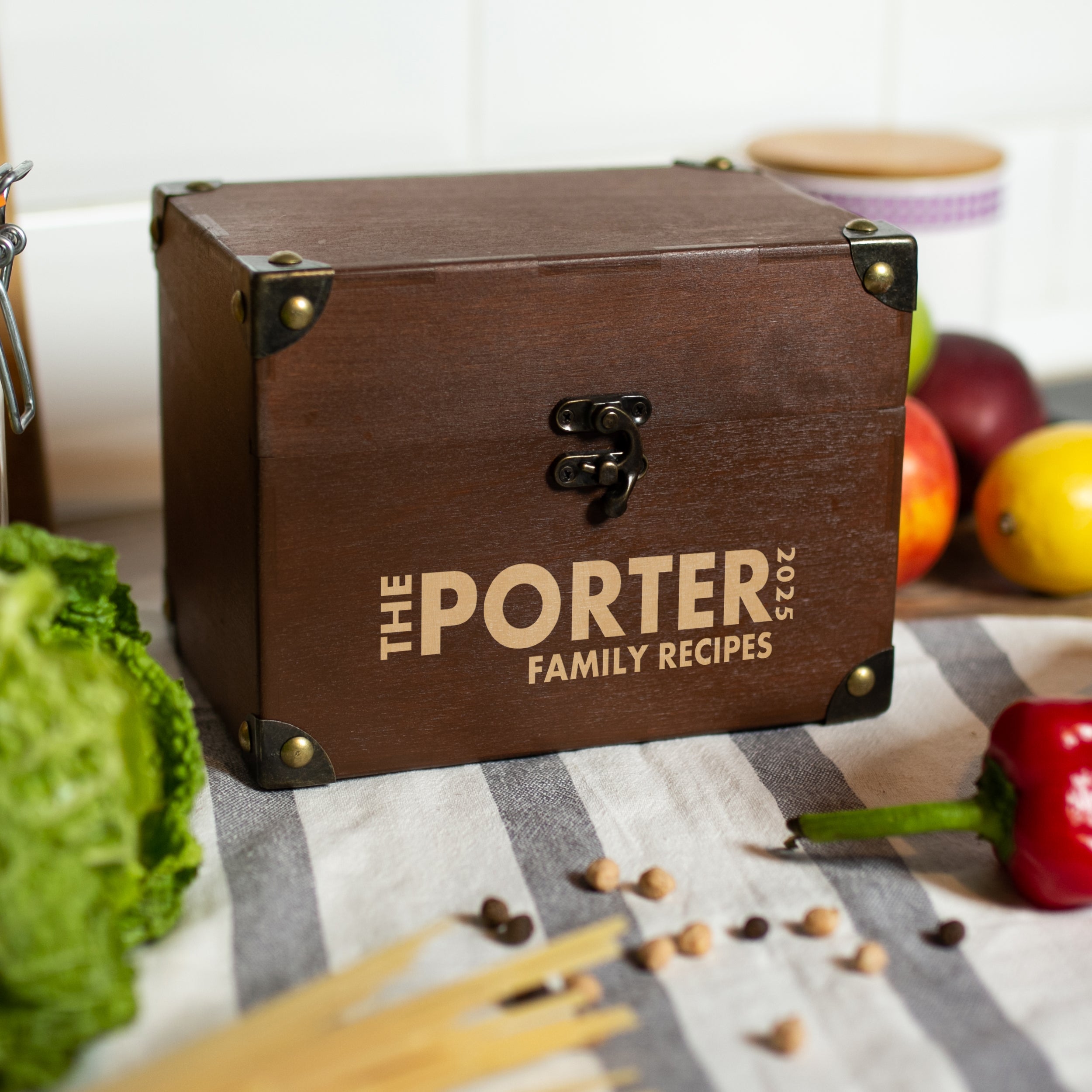 Wooden Heirloom Recipe Box with Dividers and Cards - Kitchen Recipe Storage Box