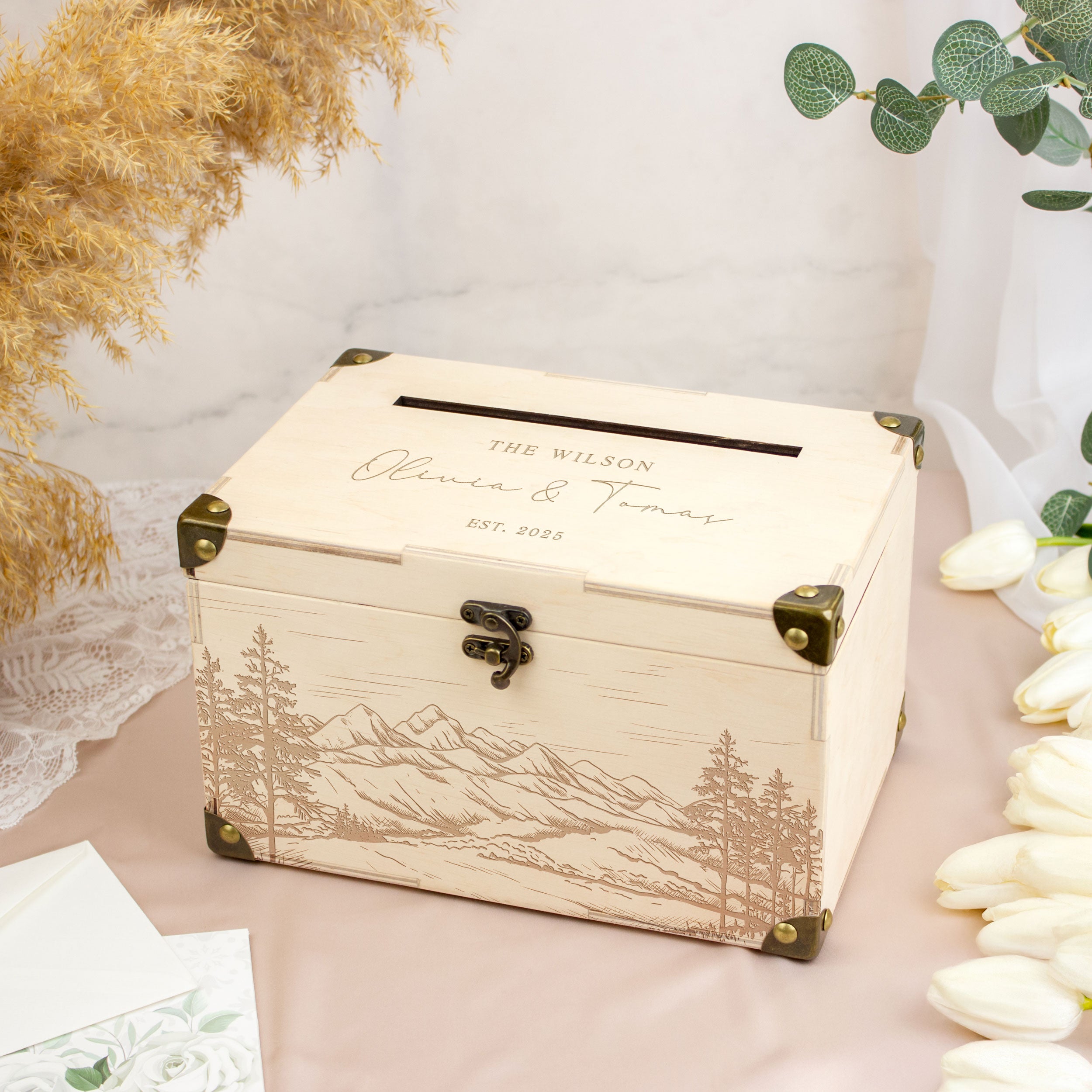 Mountain Wedding Card Box - Wooden Envelope Box for Wedding Reception