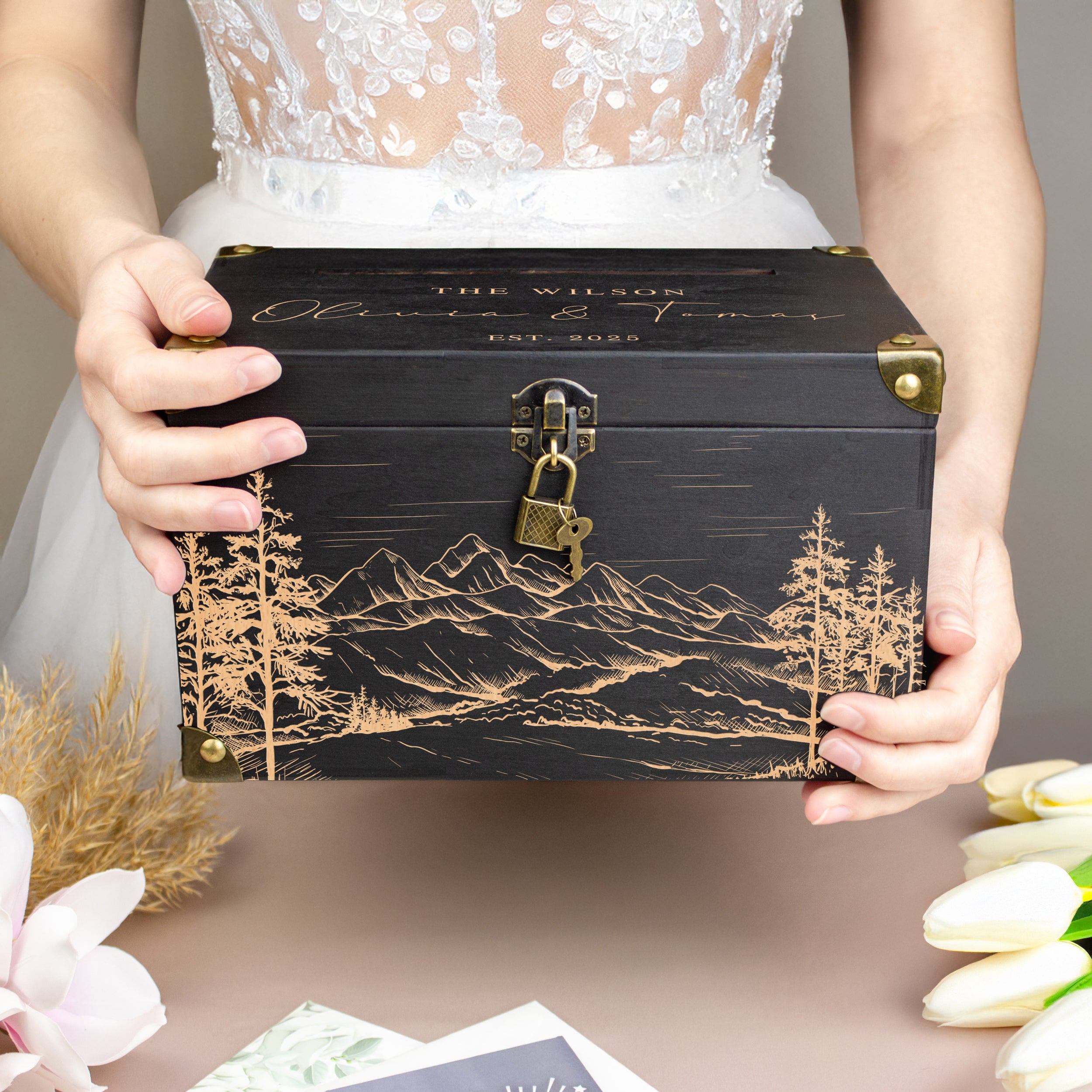 Mountain Wedding Card Box - Wooden Envelope Box for Wedding Reception