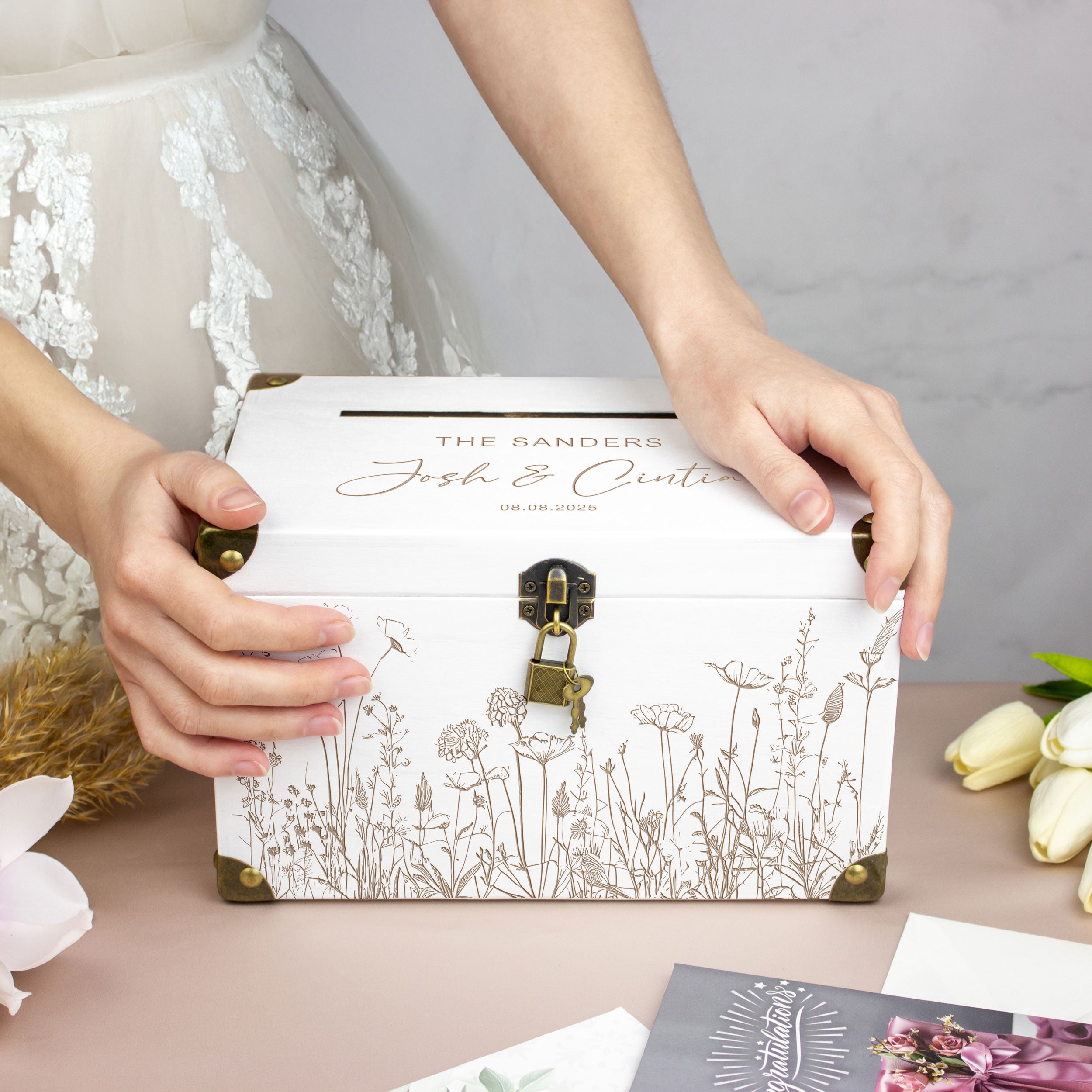 Custom Card Box for Wedding - Personalized Wooden Box with Lock