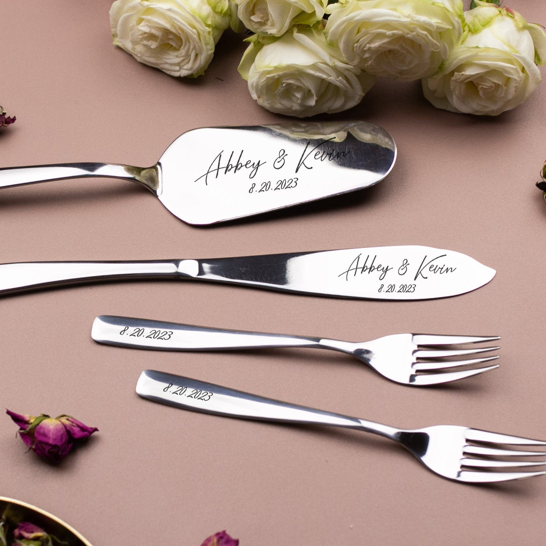 Engraved Cake Knife & Server with forks Set - Serving Accessories for Wedding