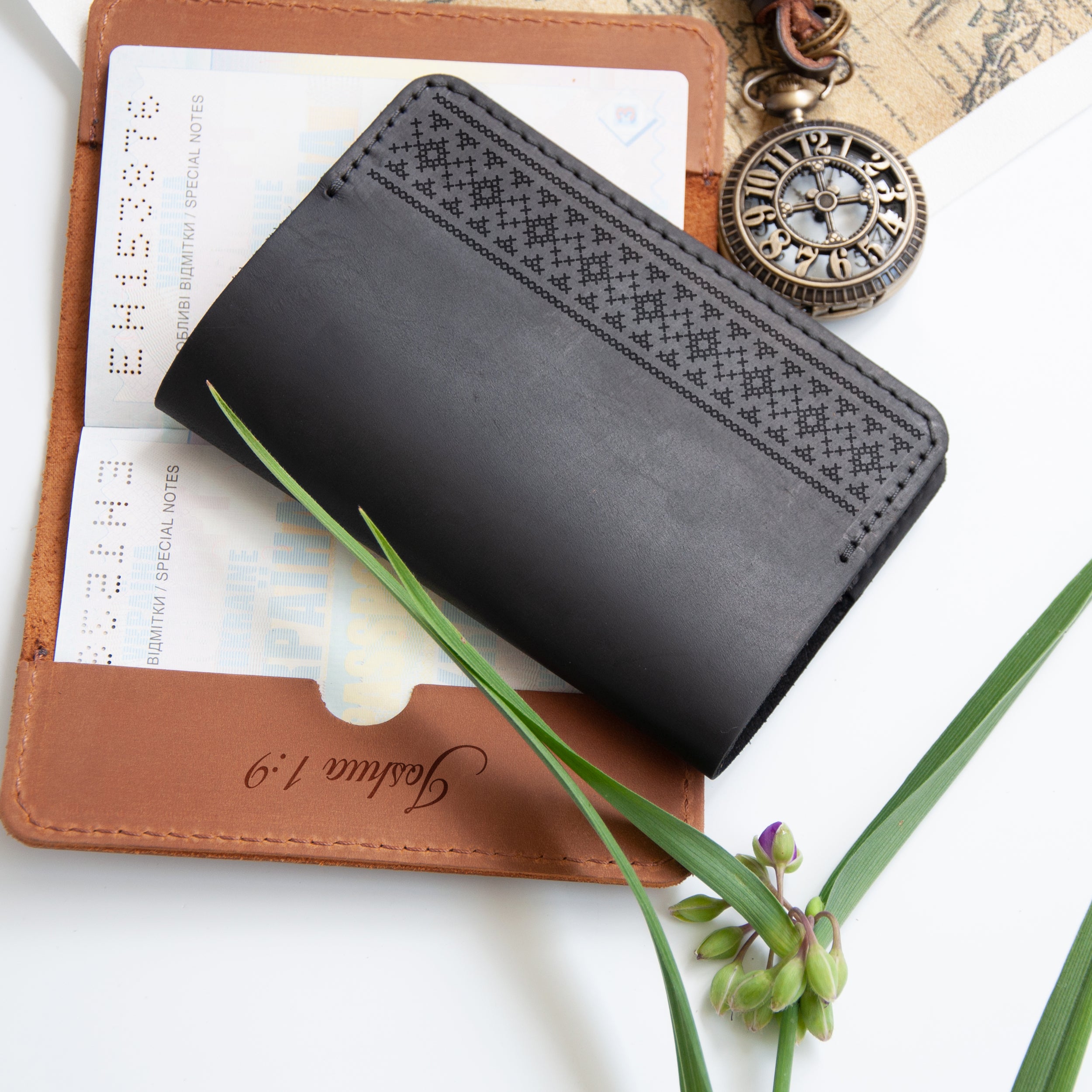 Leather Passport Holder - Wanderlust Gifts for Travelers with Ukrainian Ornamets