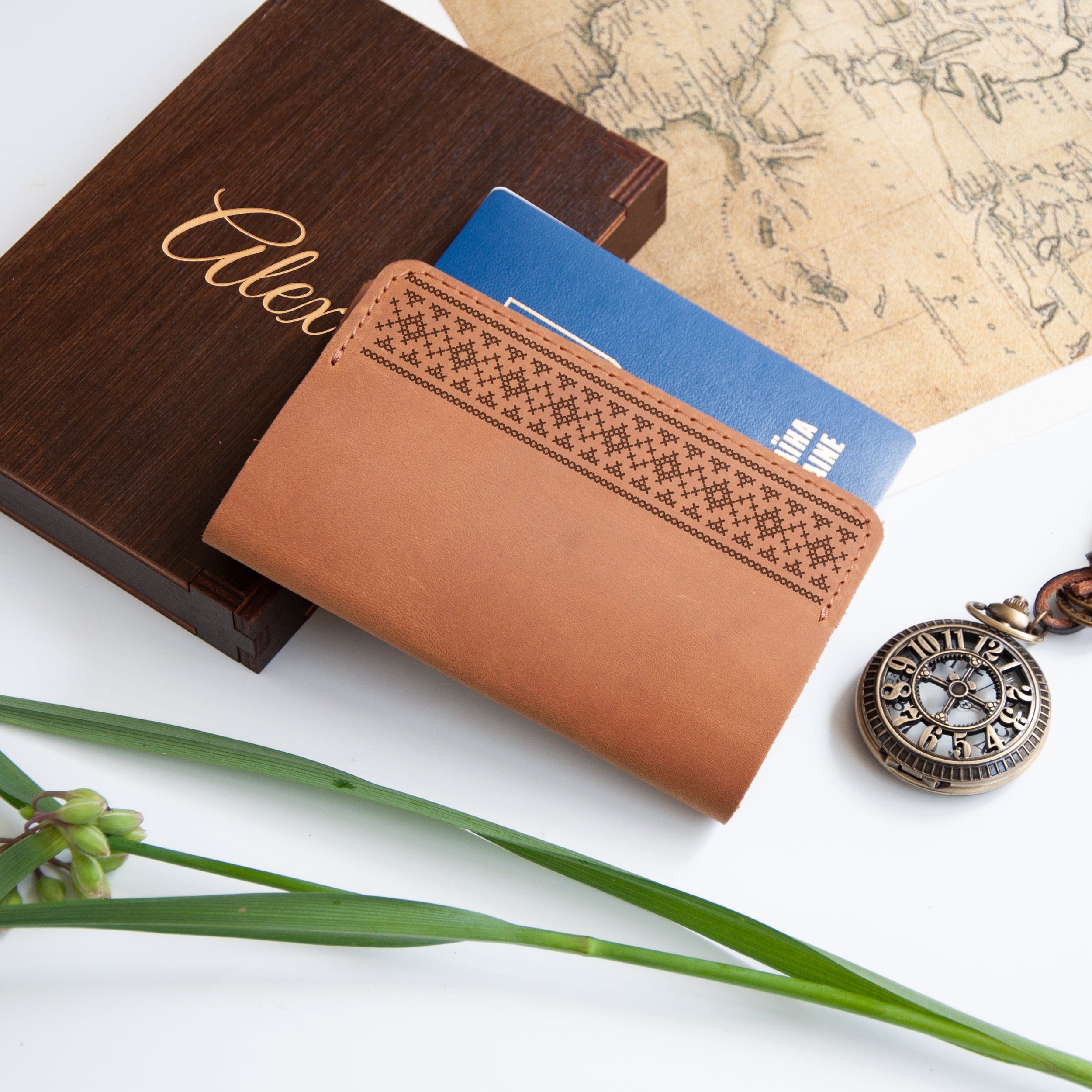 Leather Passport Holder - Wanderlust Gifts for Travelers with Ukrainian Ornamets