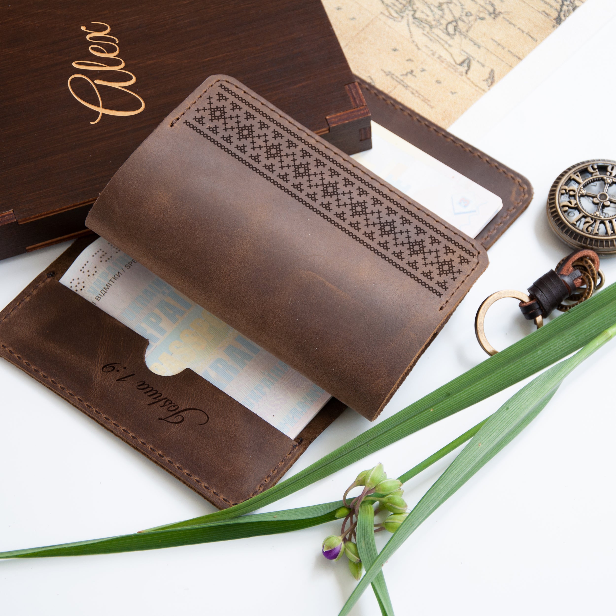 Leather Passport Holder - Wanderlust Gifts for Travelers with Ukrainian Ornamets