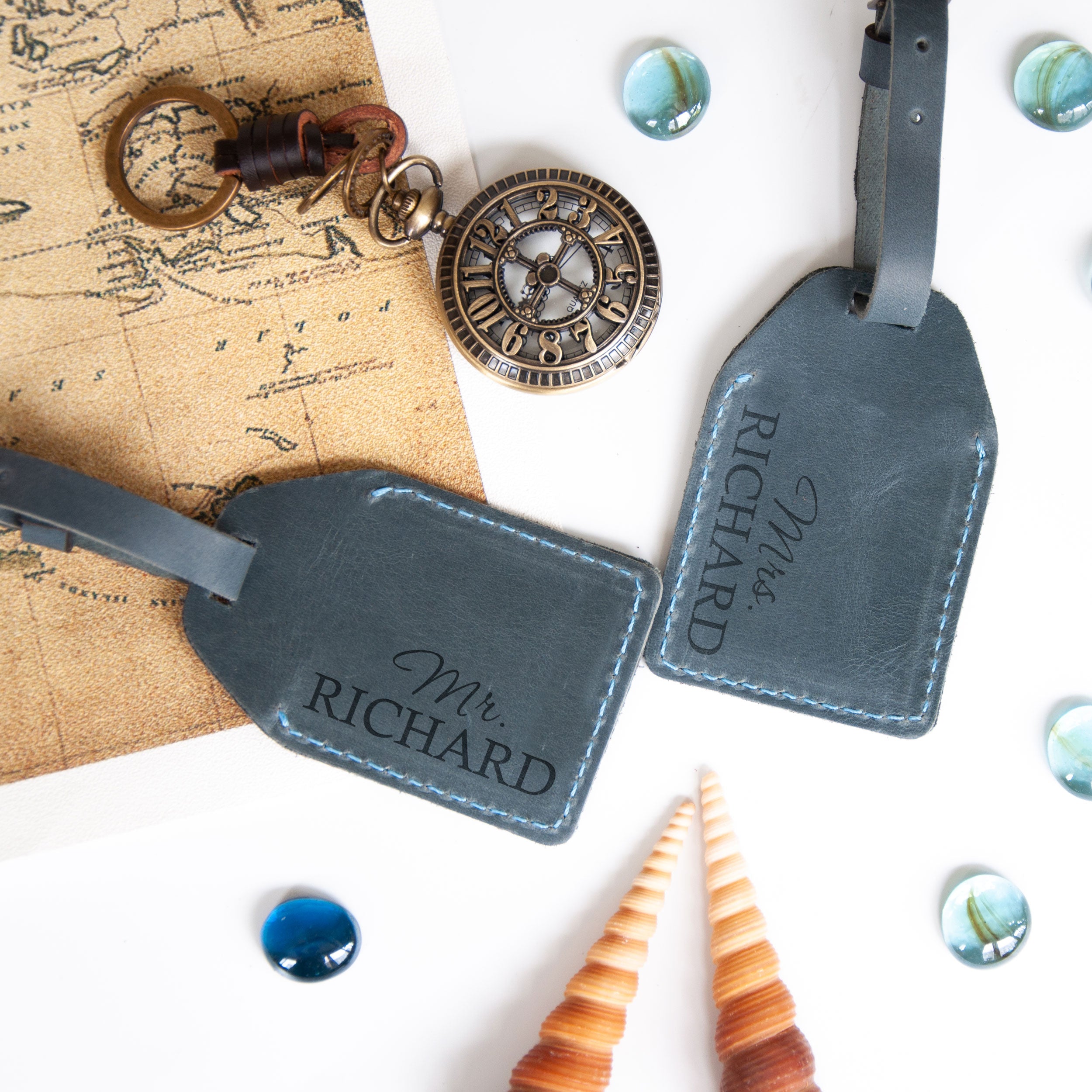 Personalized Leather Luggage Tags Set of 2 - Honeymoon Gifts for Mr & Mrs